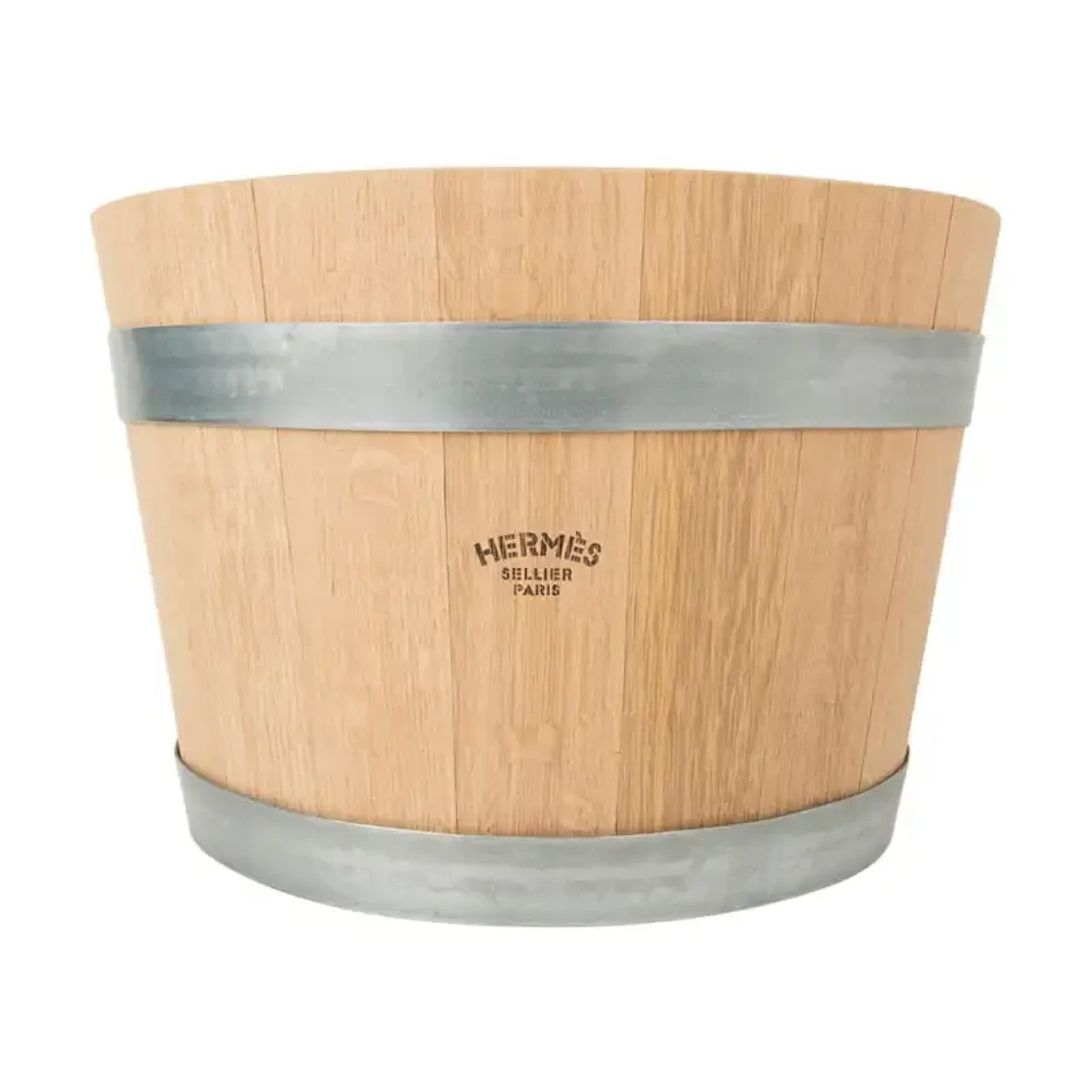 Hermes Groom Stable Bucket in Oak Wood with Leather Handle