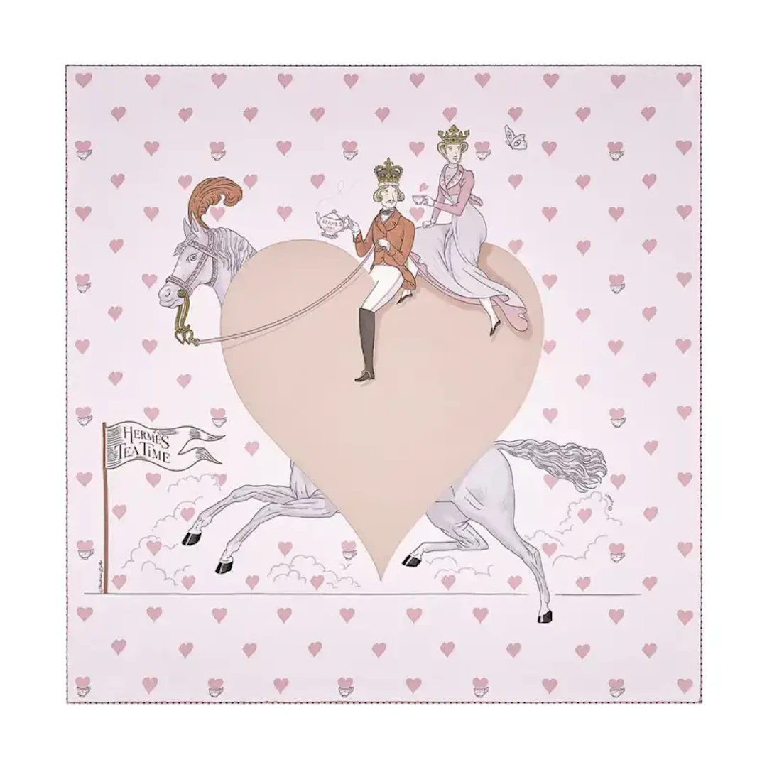 Hermes Tea Time Silk Scarf 70 Rose Pale and Beige