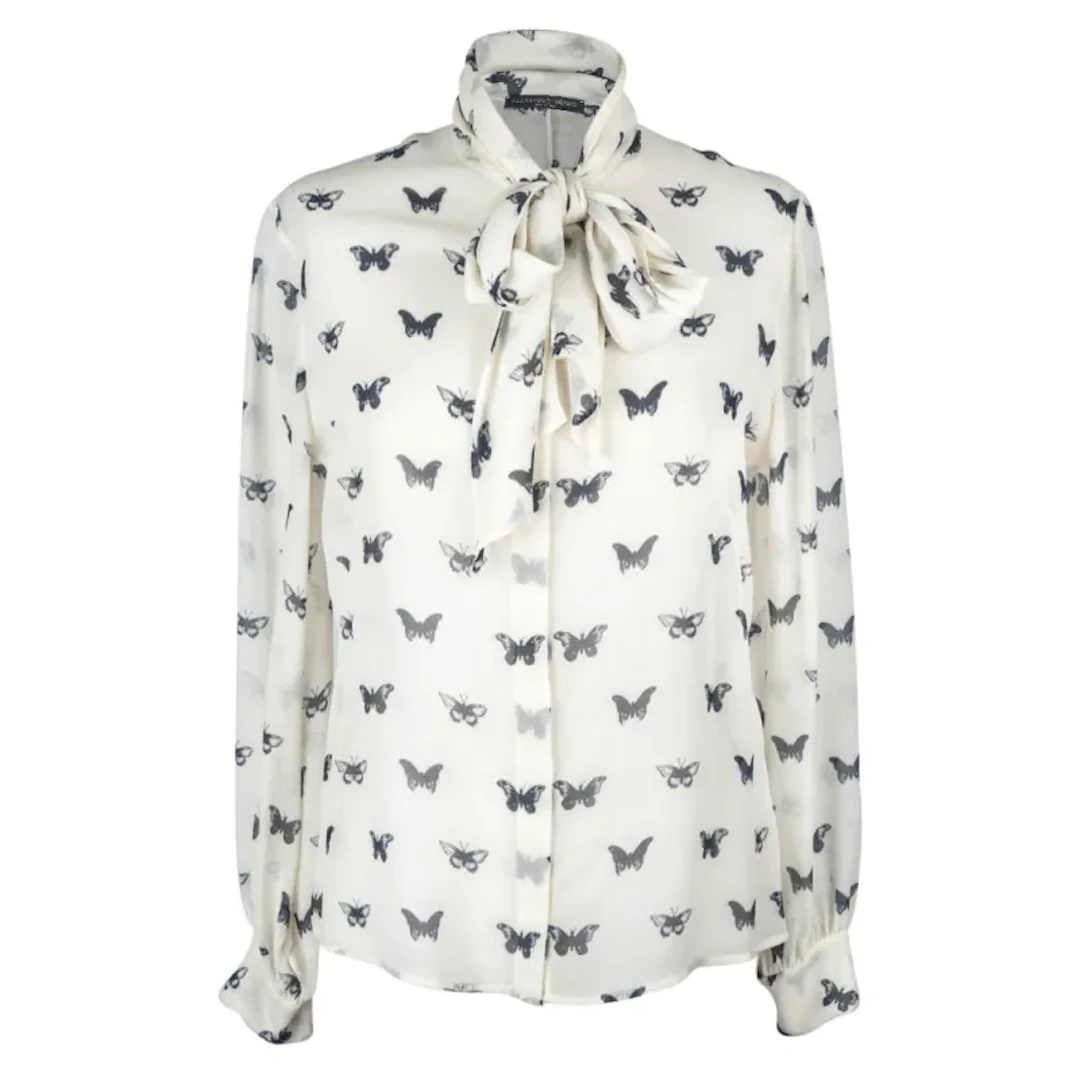 Alexander McQueen Pussy Bow Butterfly Print Silk Blouse 44