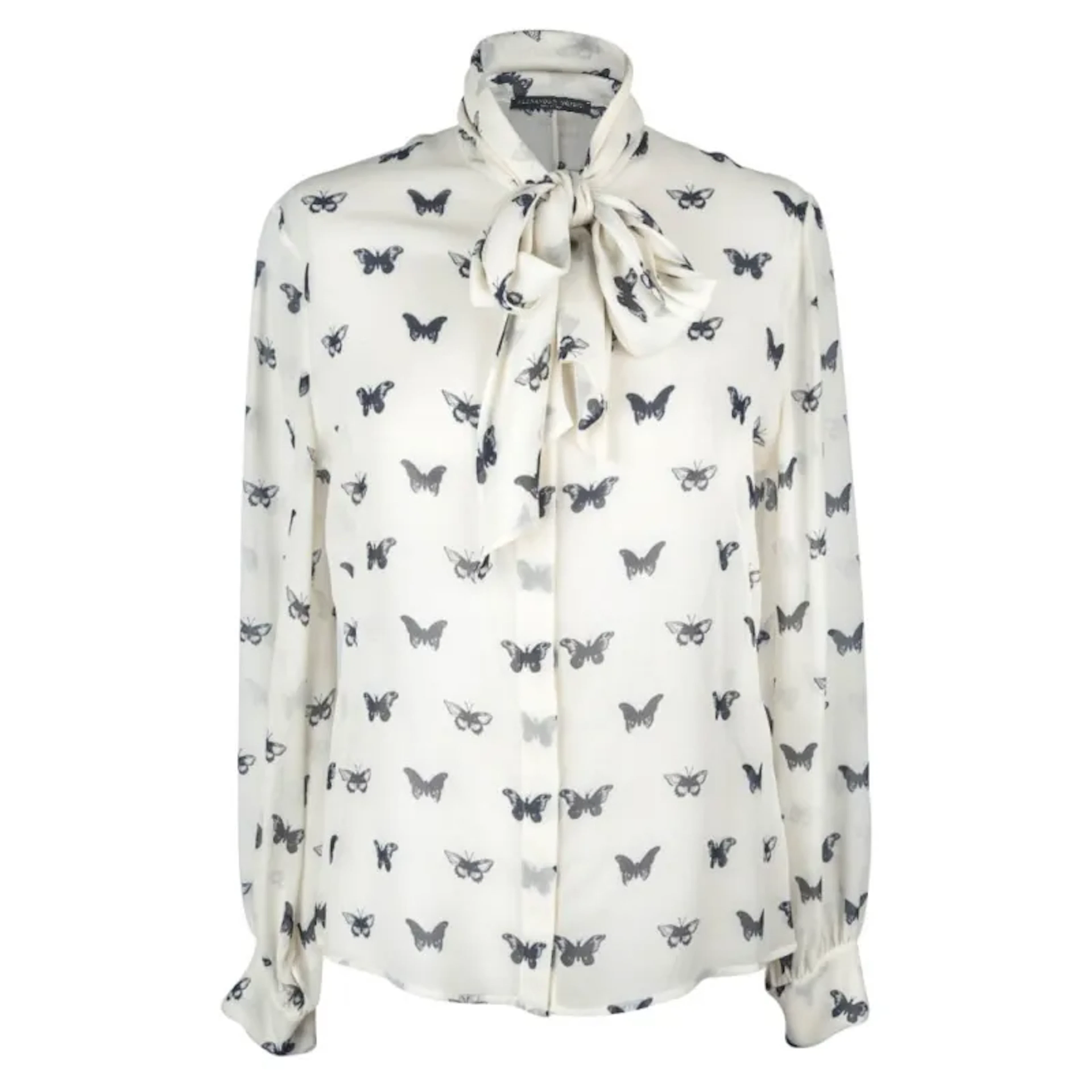 Alexander McQueen Pussy Bow Butterfly Print Silk Blouse 44