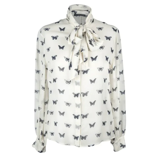 Alexander McQueen Pussy Bow Butterfly Print Silk Blouse 44