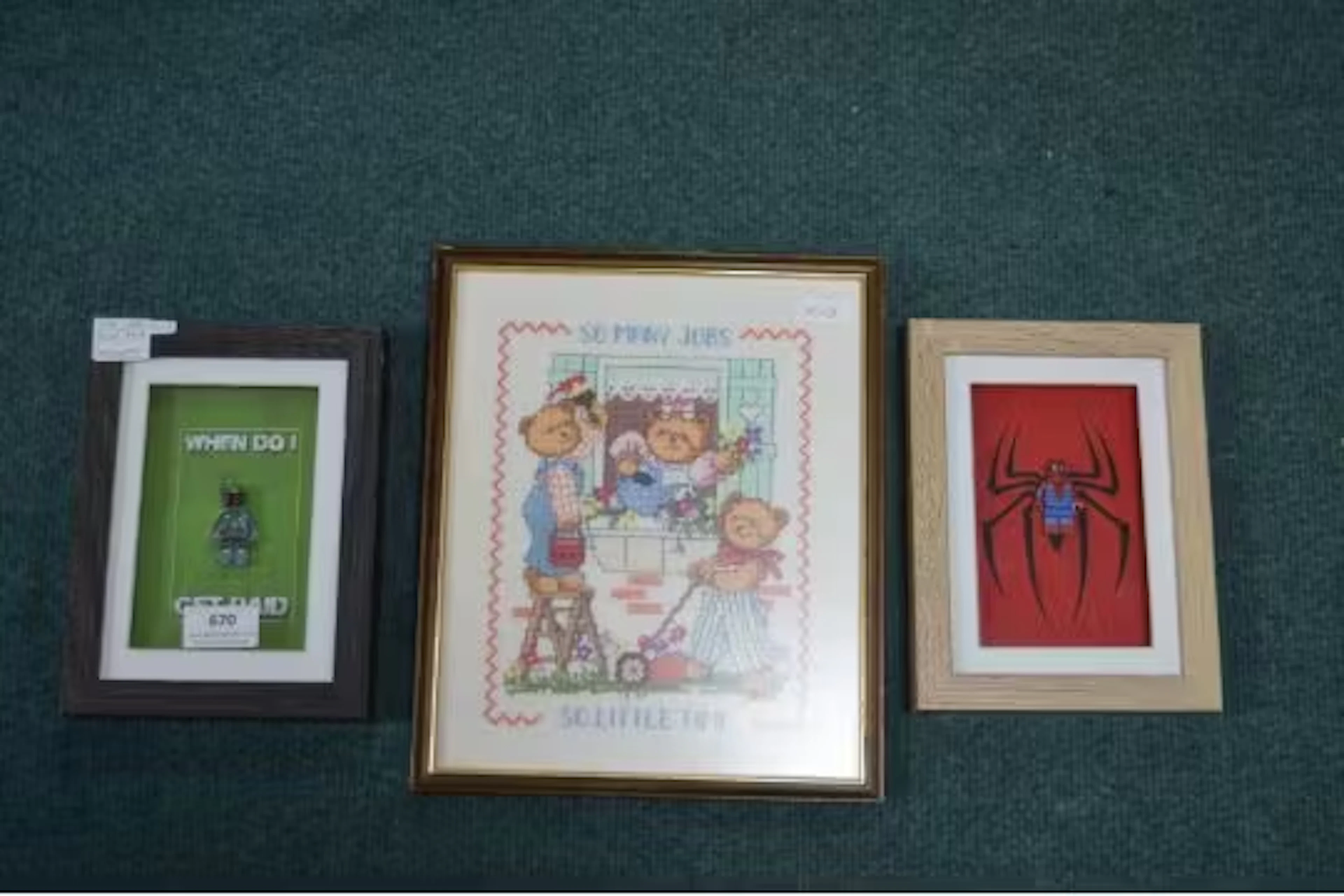 Framed Boba Fett and Spiderman Figures, plus Bear Embroidery