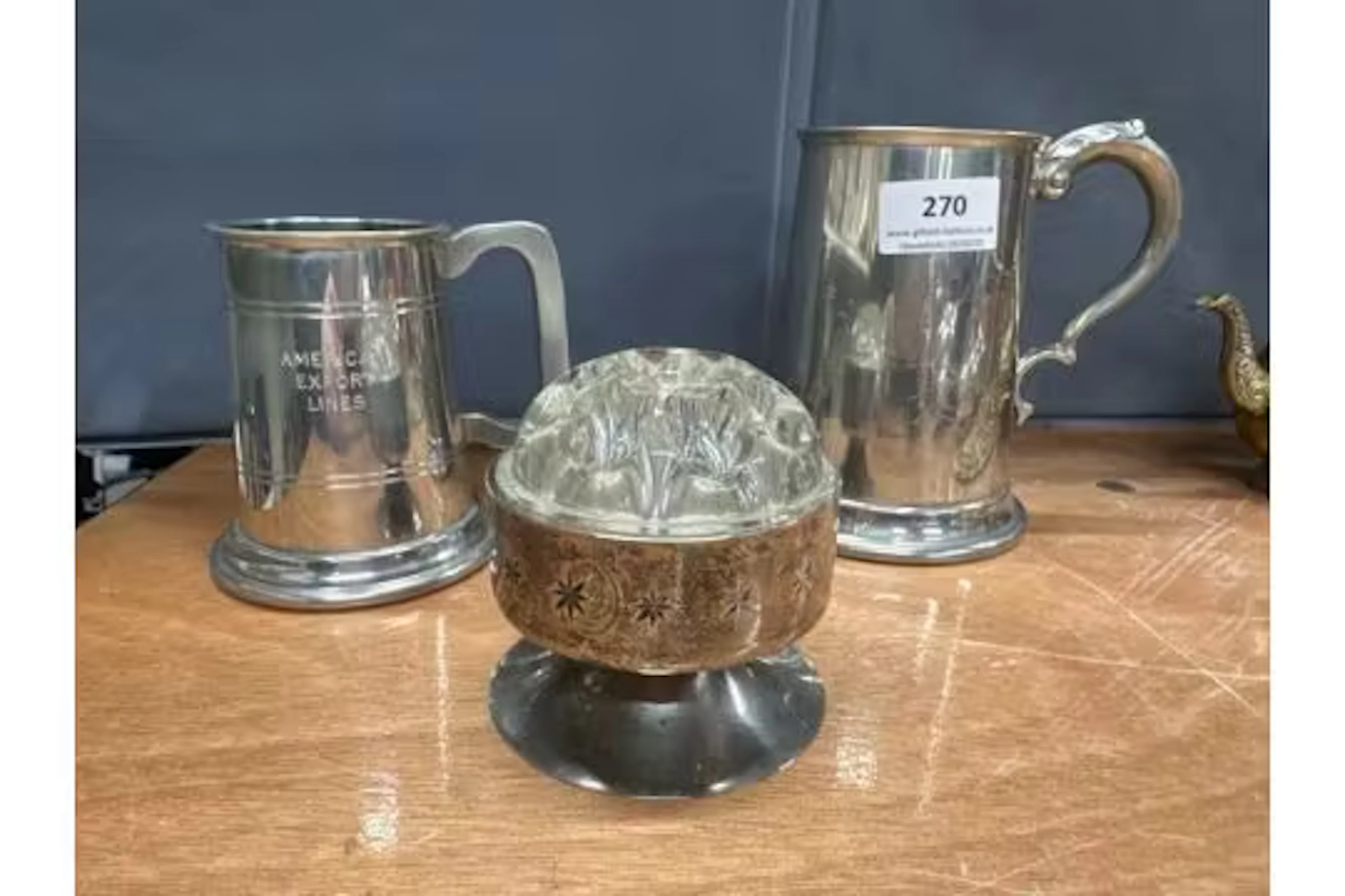 2 tankards and a silver plated rose bowl with glass frog insert