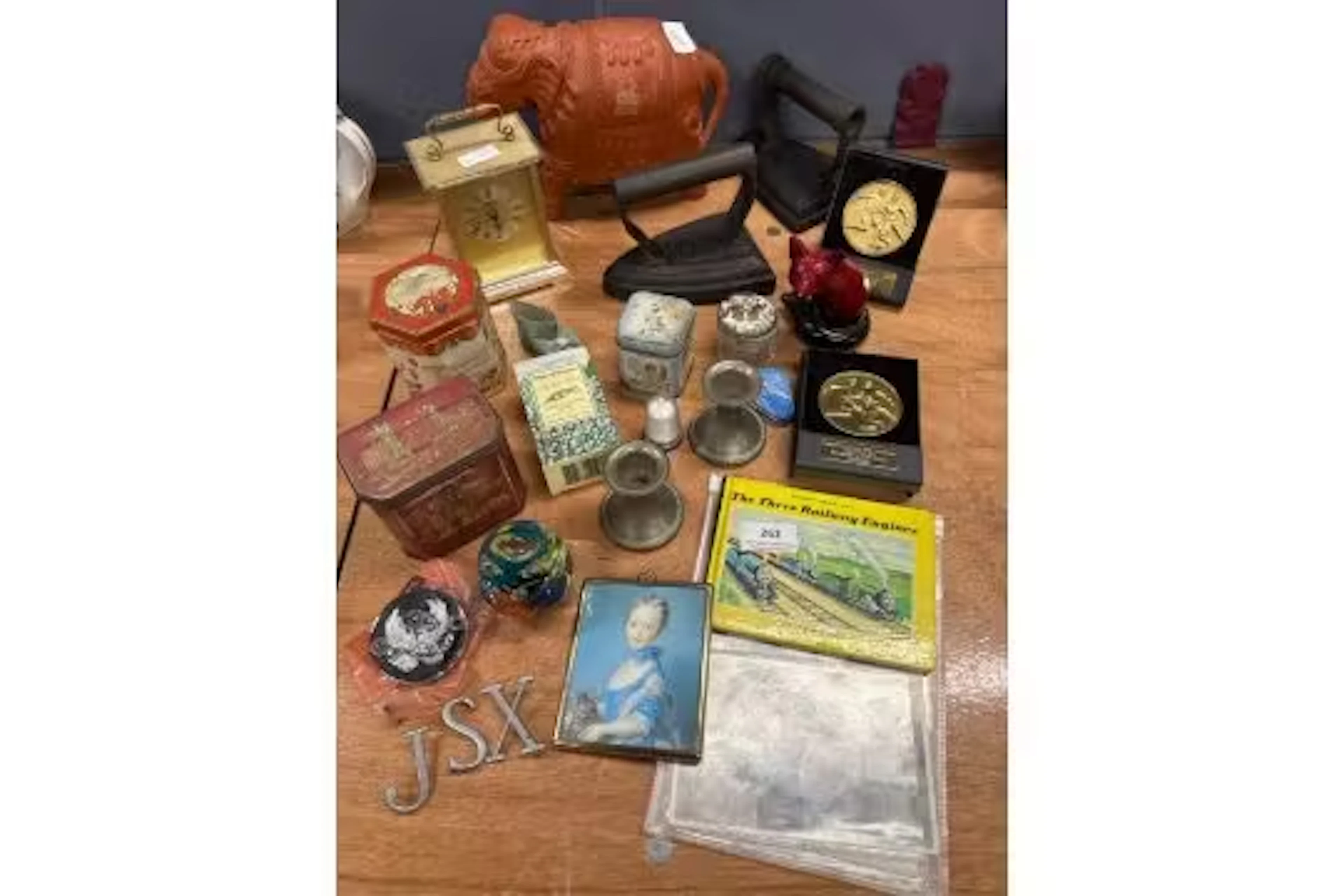 A selection of ornaments, collectibles and 2 vintage solid cast irons