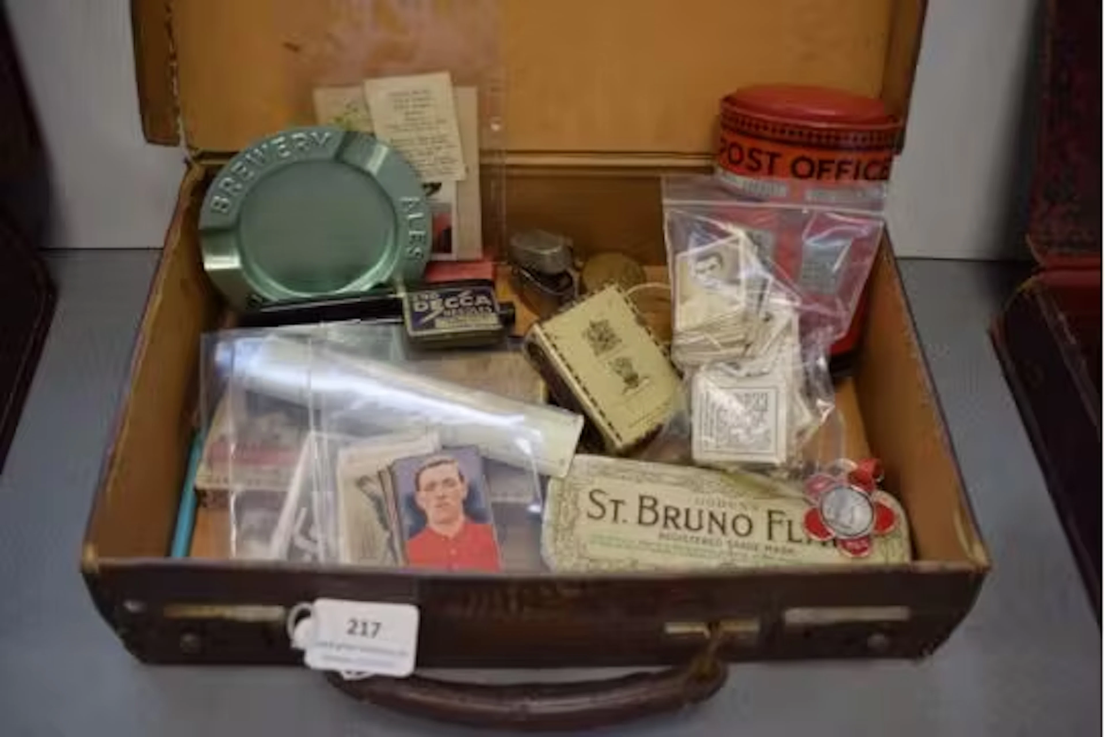 Small Vintage Suitcase Containing Fountain Pens, Tins, Sporting Cigarette