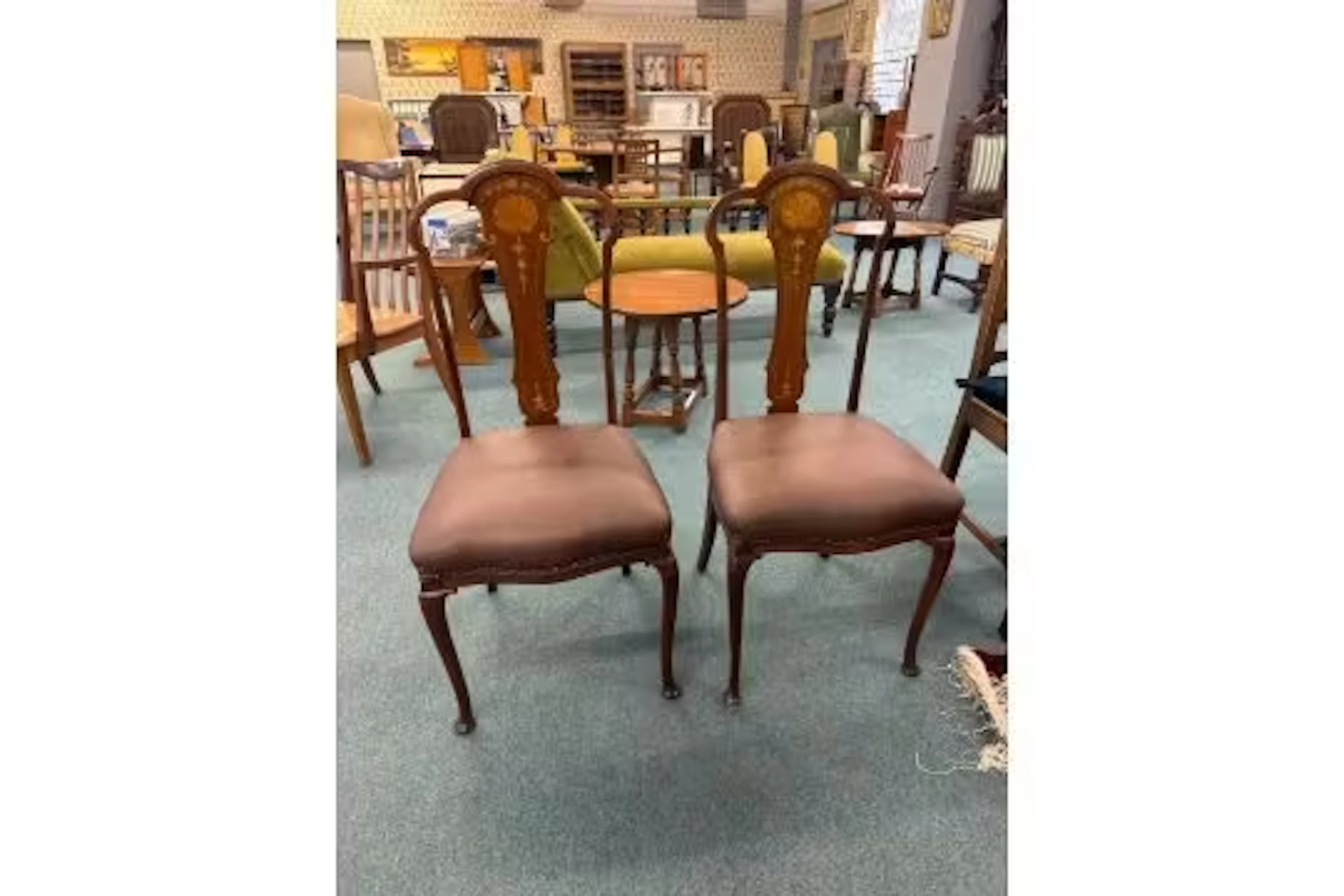 Pair of Edwardian Mahogany Art Nouveau Dining Chairs with Inlaid Floral