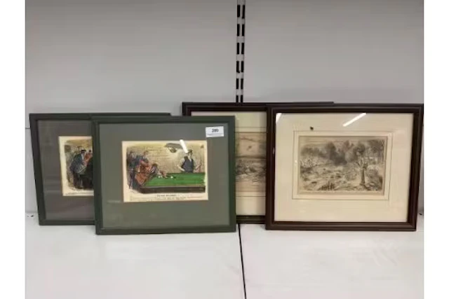 4 x framed prints of sporting cartoon style illustrations