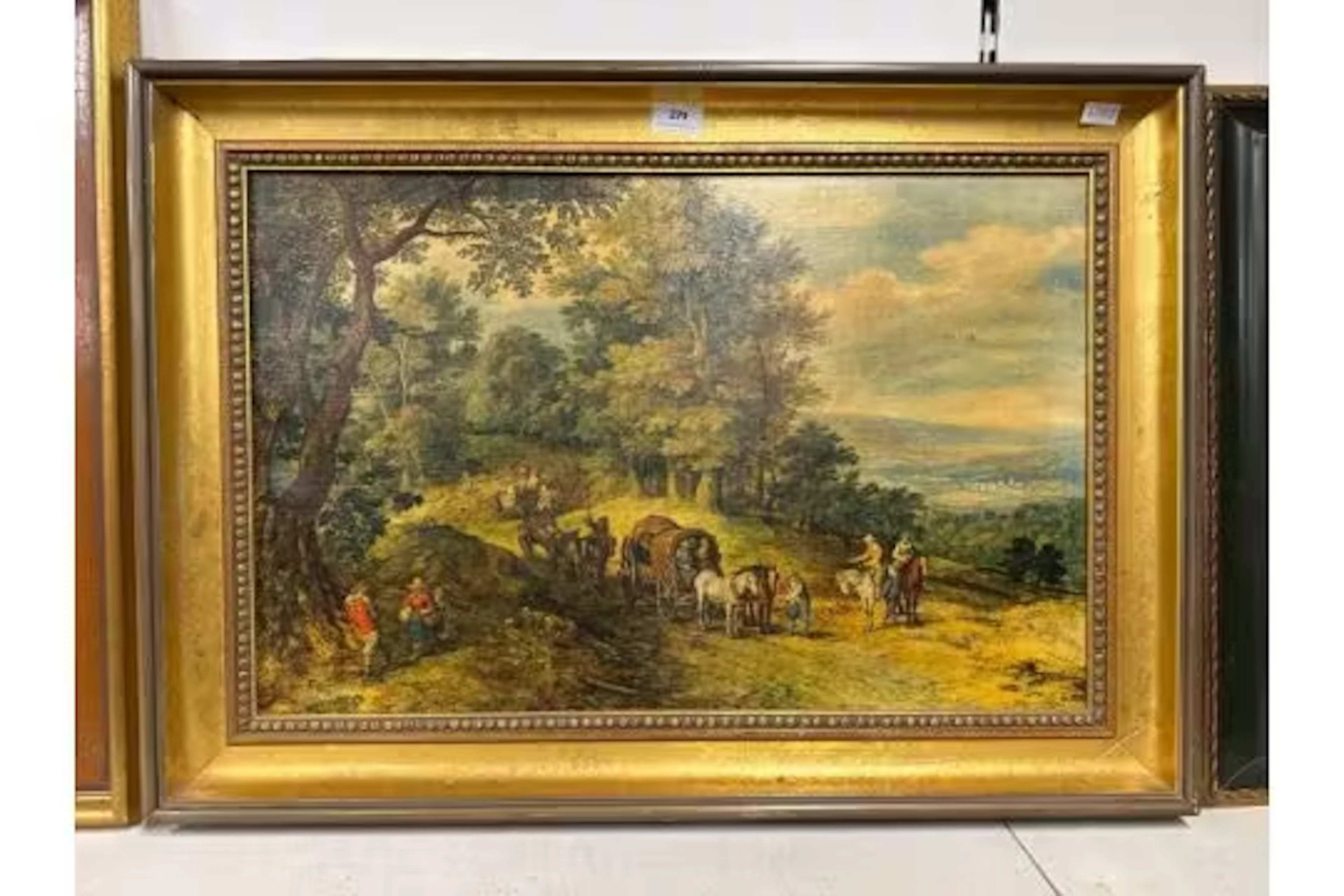 Gilt framed painted print on canvas of a countryside scene