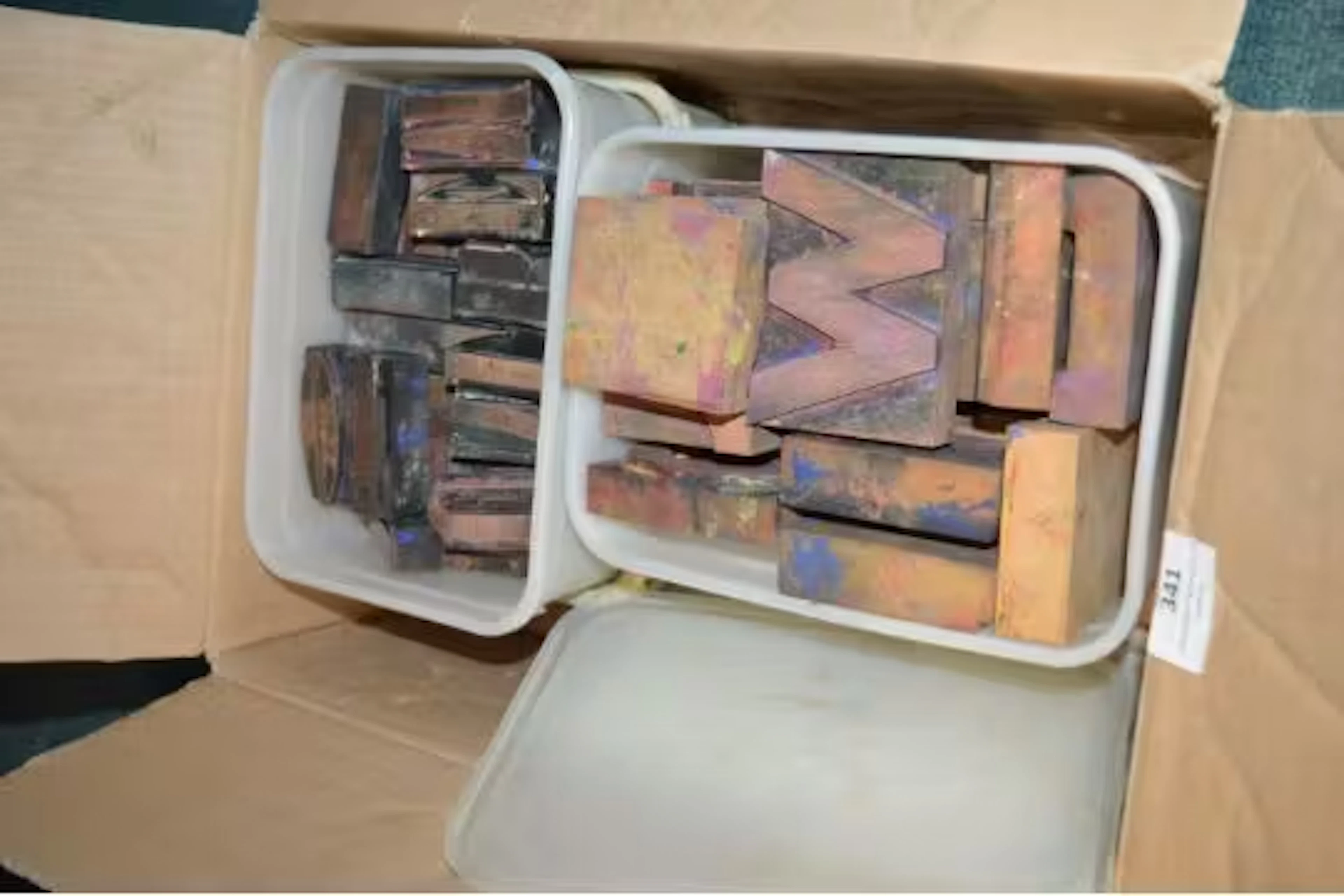 Box of Large Wood Type in Plastic Tubs