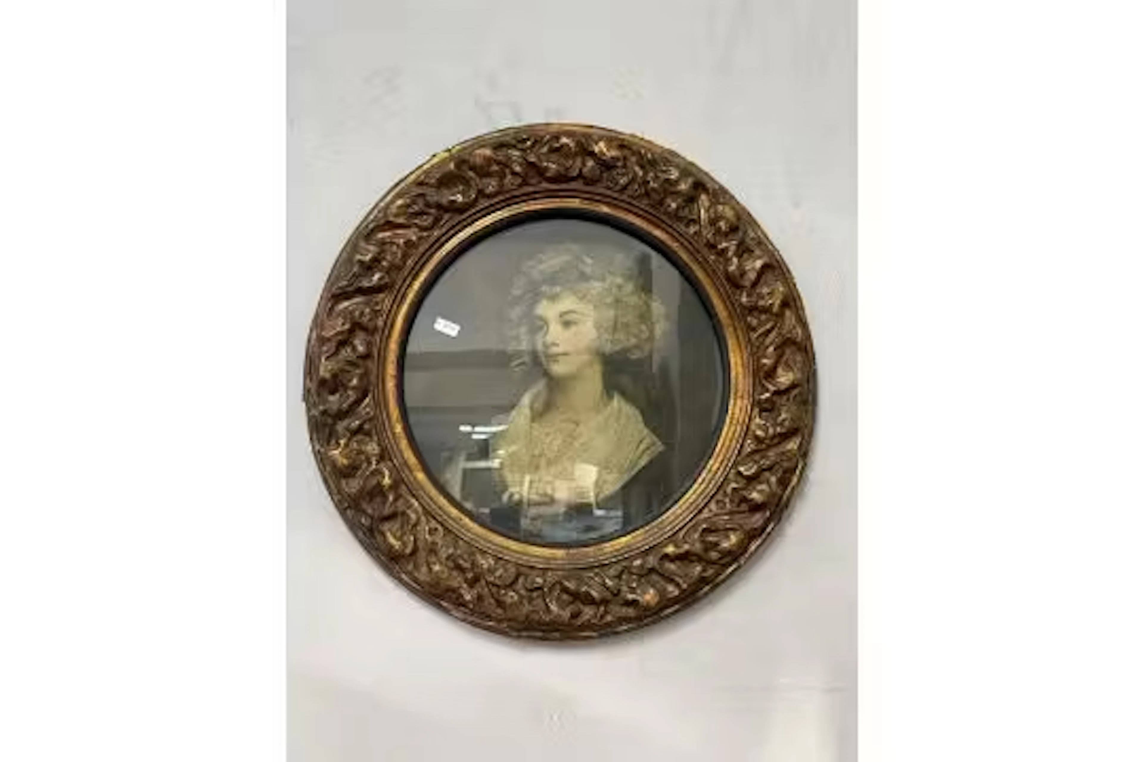 Round Baroque Gilded Framed Print of a Young Woman