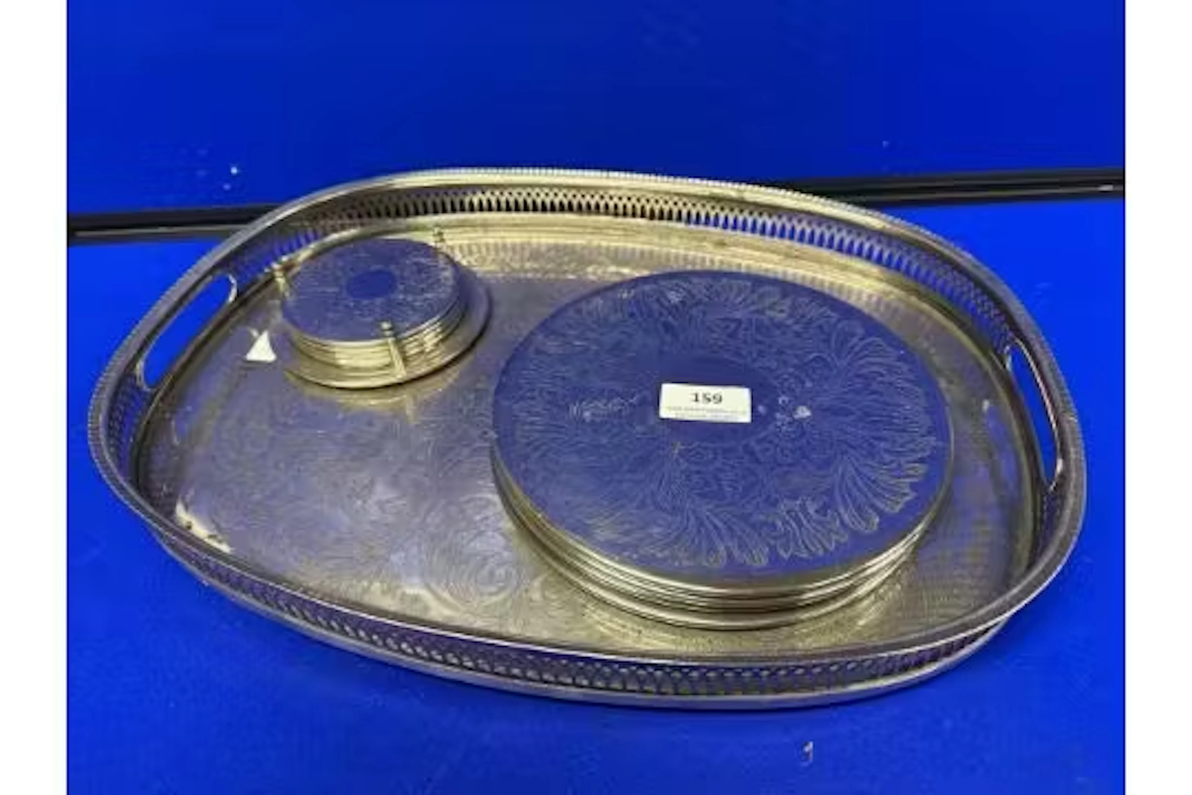 Silver plated serving tray and matching coasters