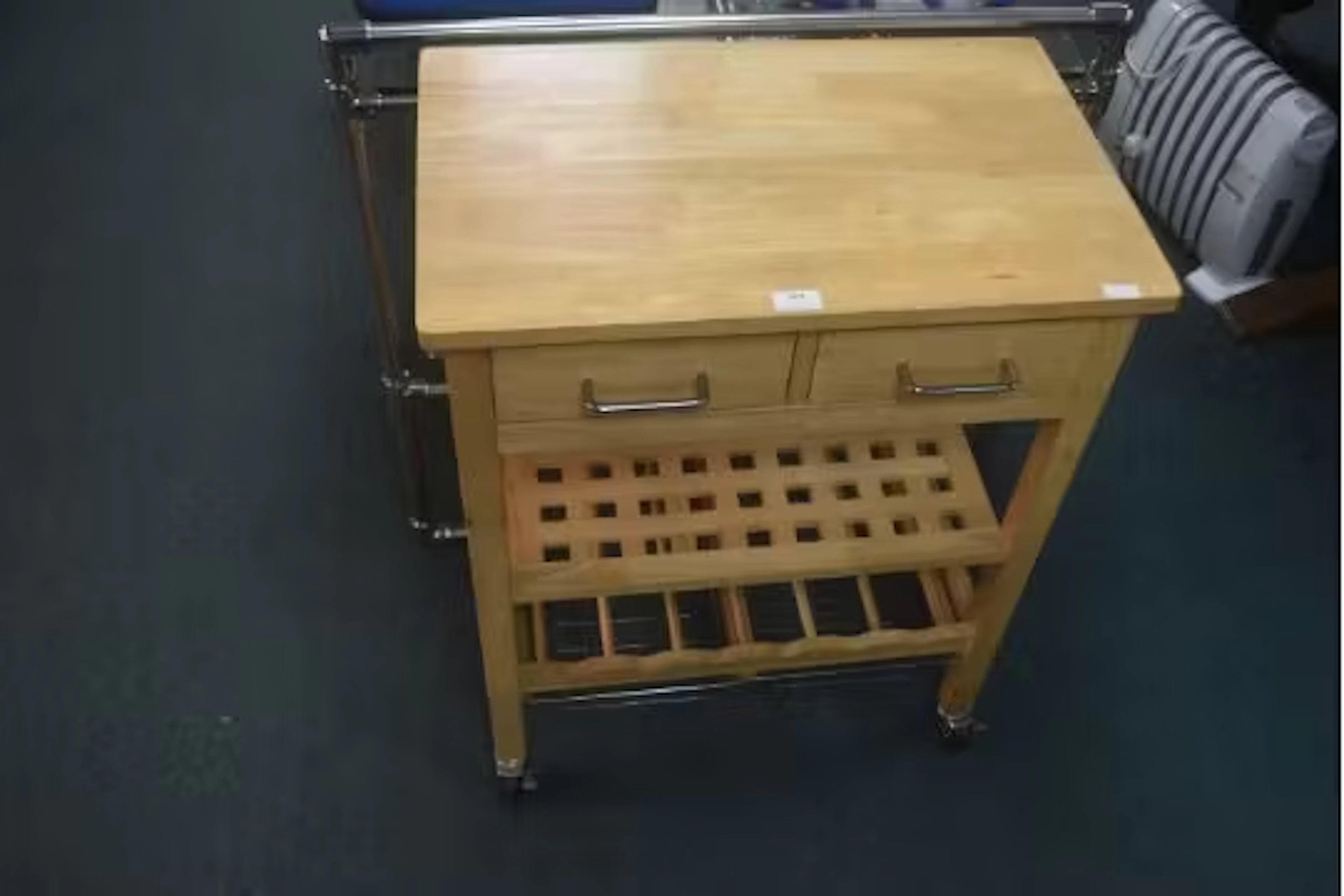 Solid Wood Kitchen Cart with Two Drawers, Wine Rack, Baskets, etc.