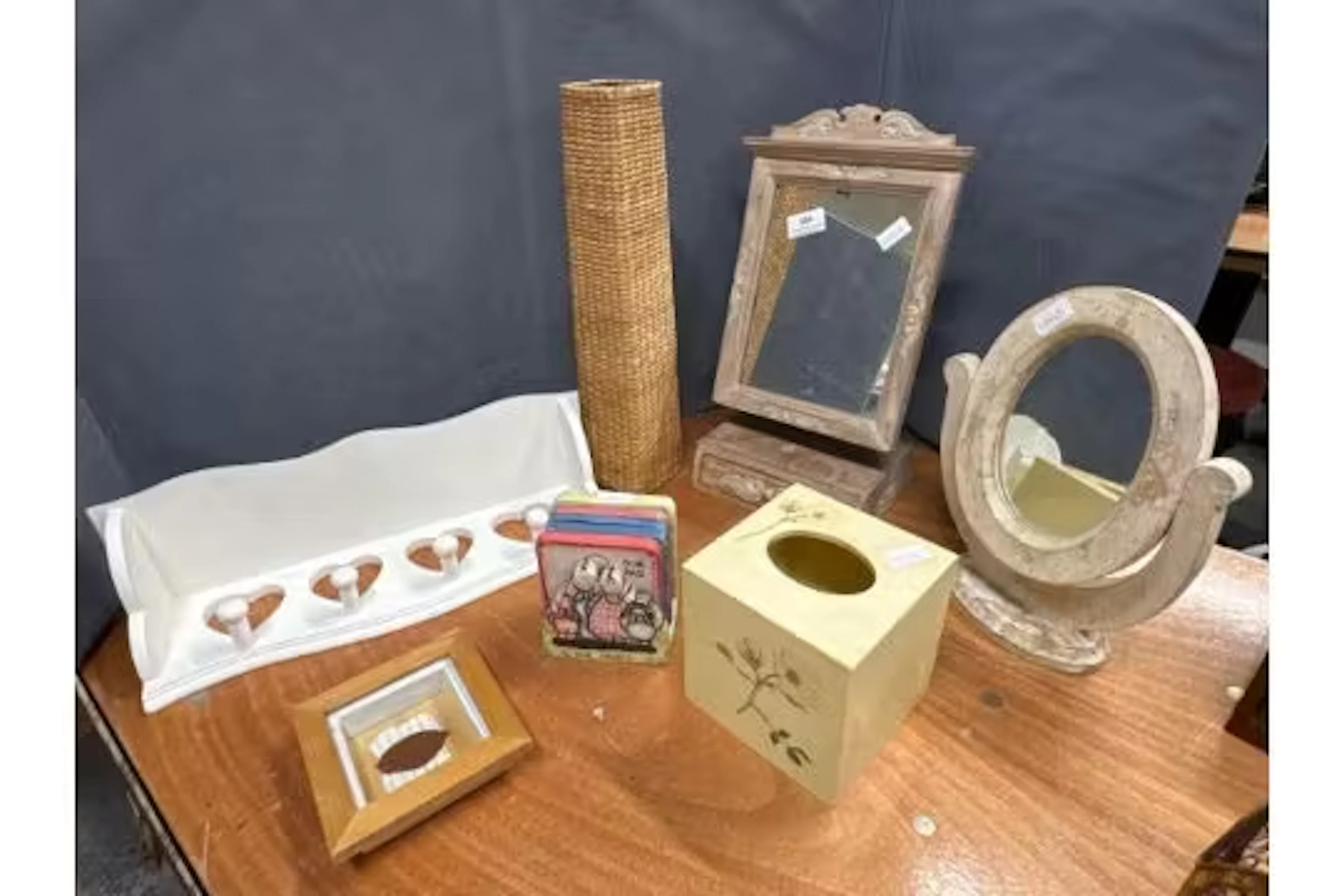 A Selection of shabby chic homewares including mirrors, coasters, vase, etc