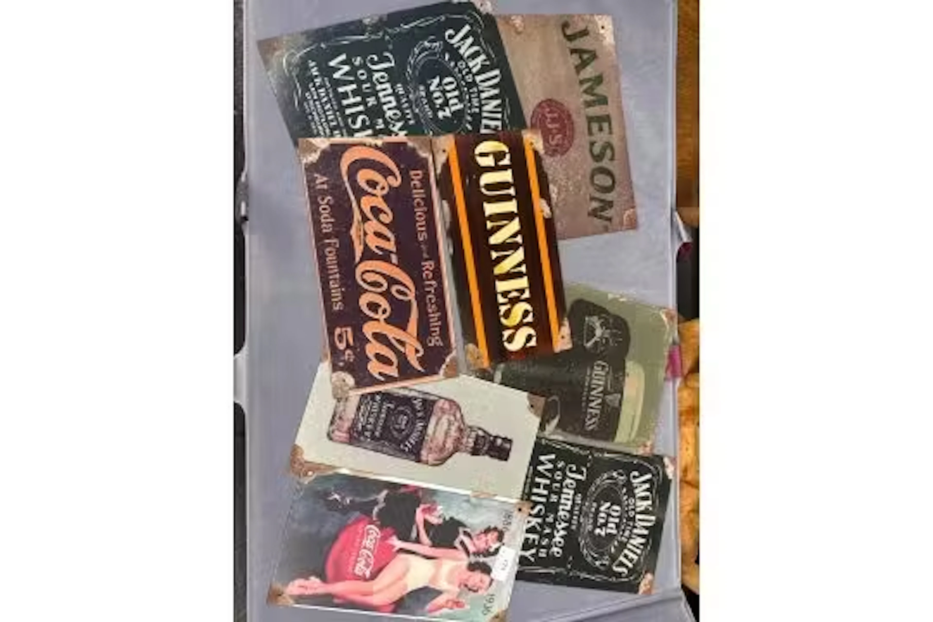 8 x Vintage Metal Asvertising signs for Coca Cola, Jack Danielâ€™s