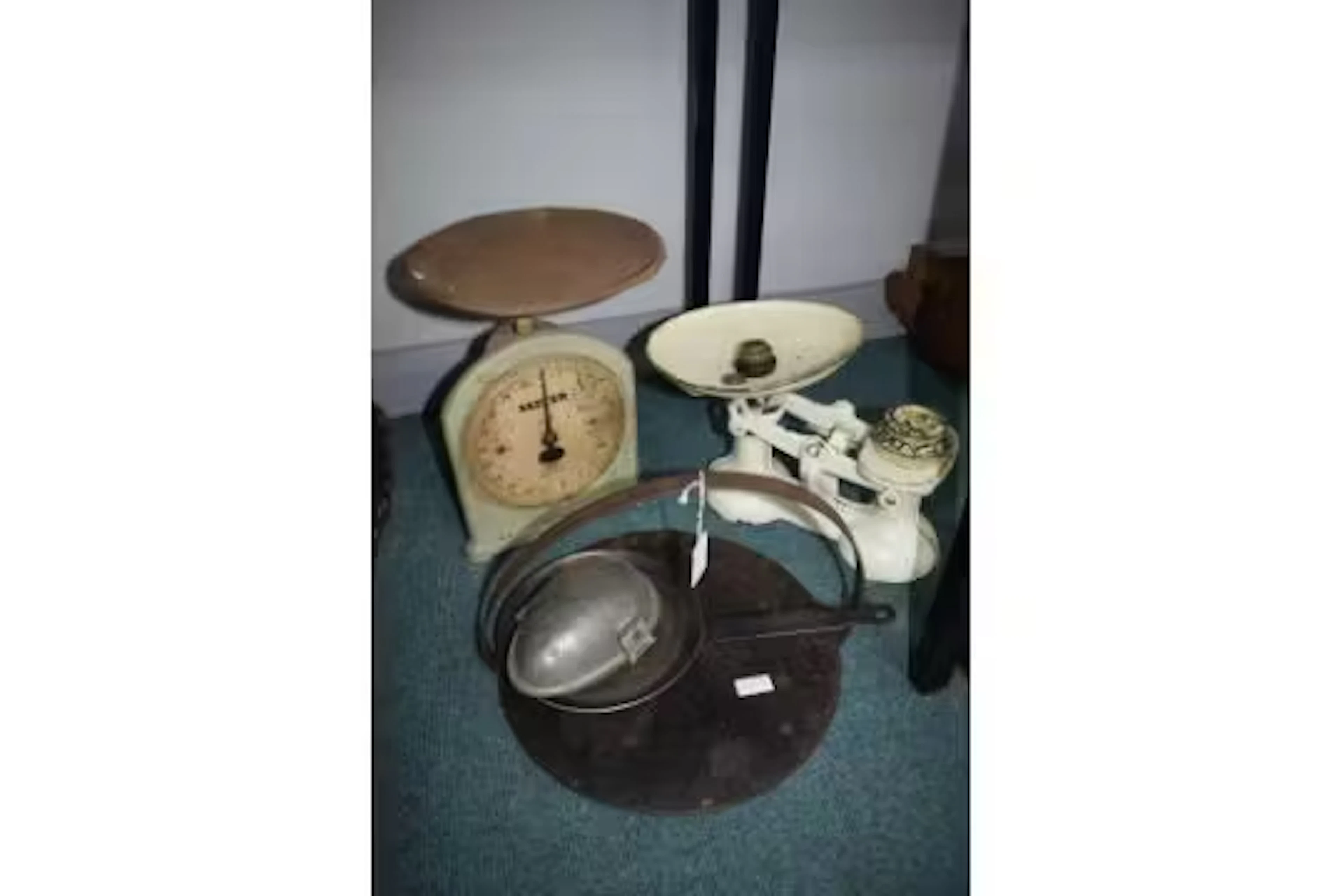 Kitchenware Including Scales, Skillet, and an Easter Egg Mould