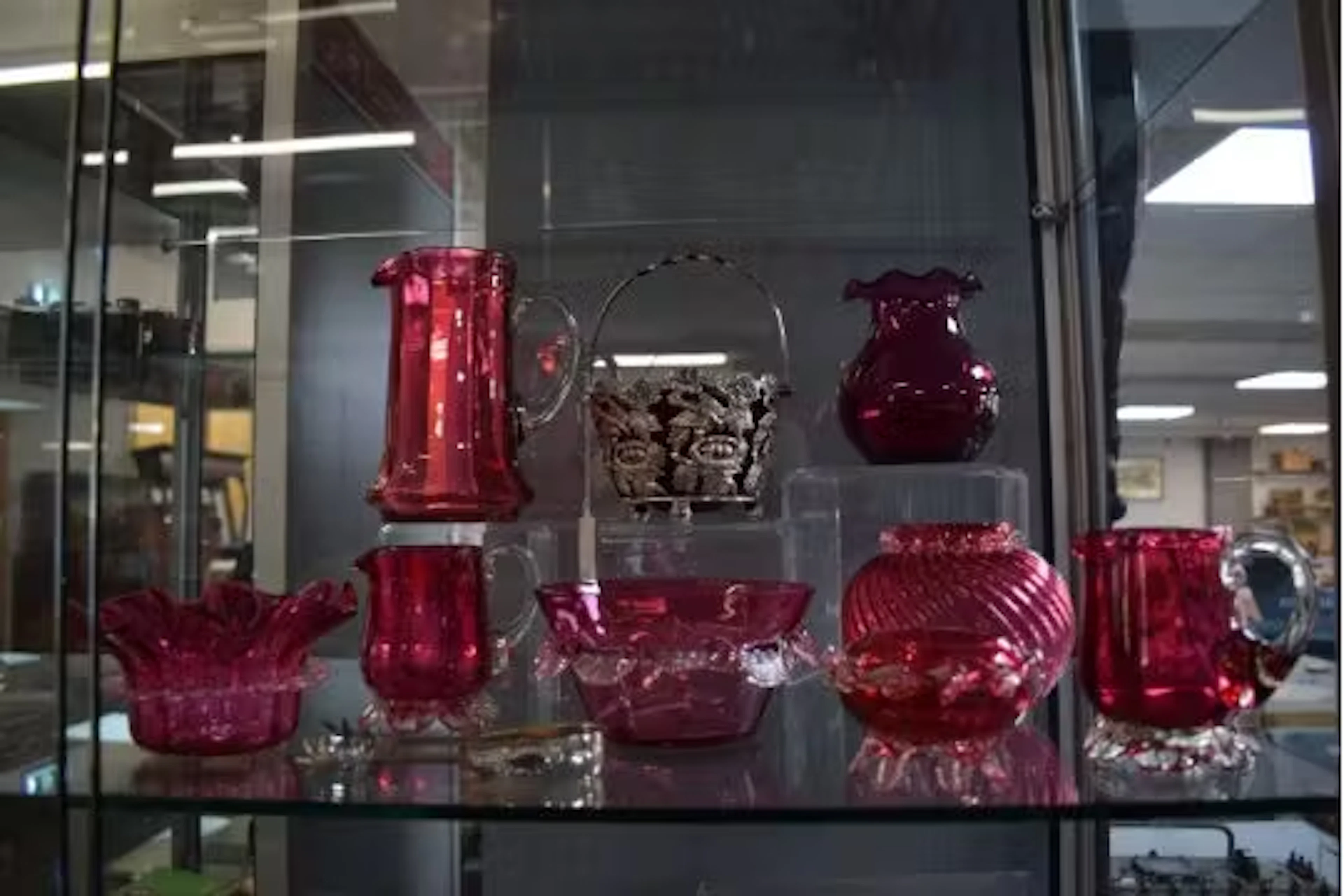 Cranberry Glass Dishes, plus ENPS Basket with Tongs
