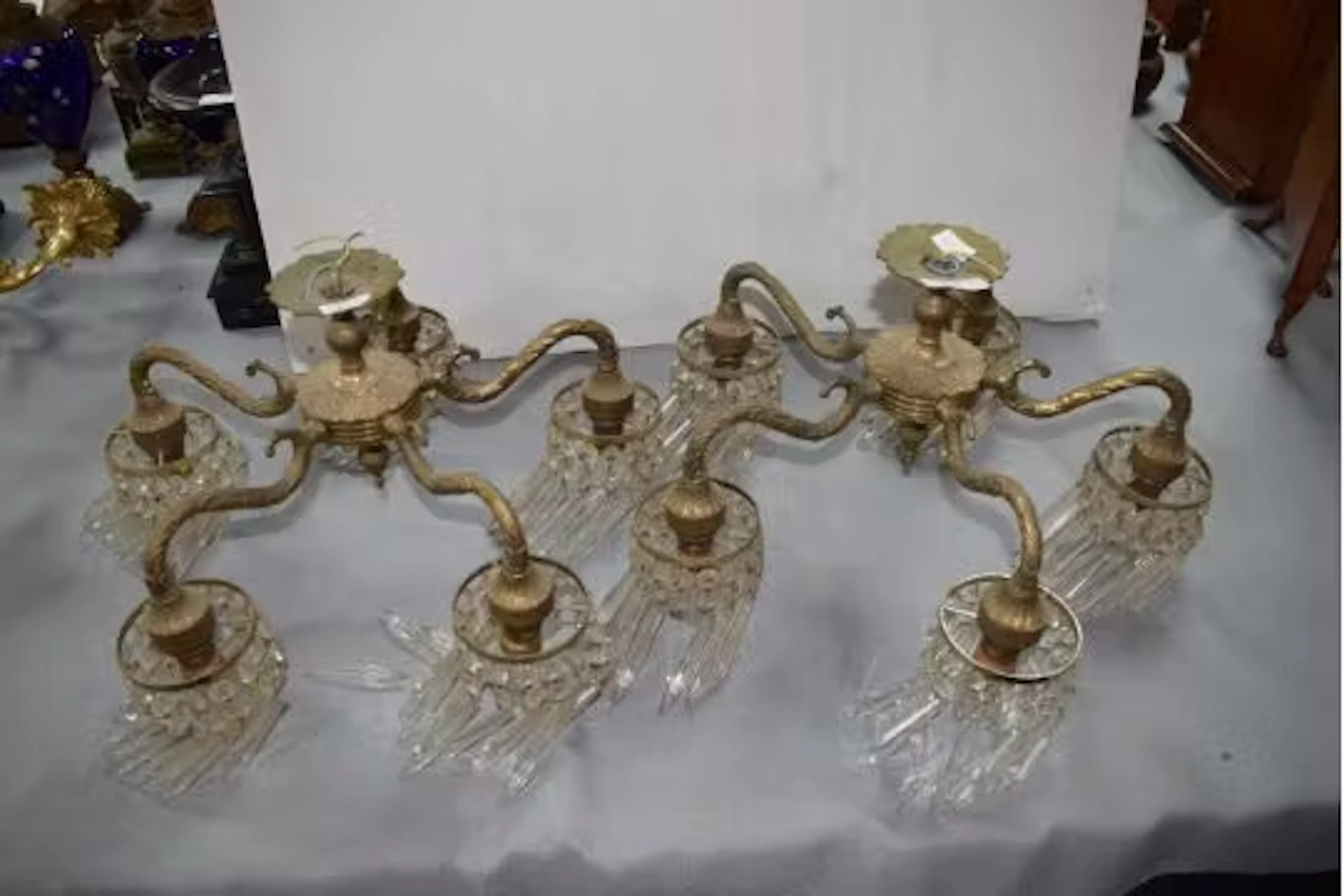 Pair of Brass Chandeliers with Crystal Drops Wired for Electricity