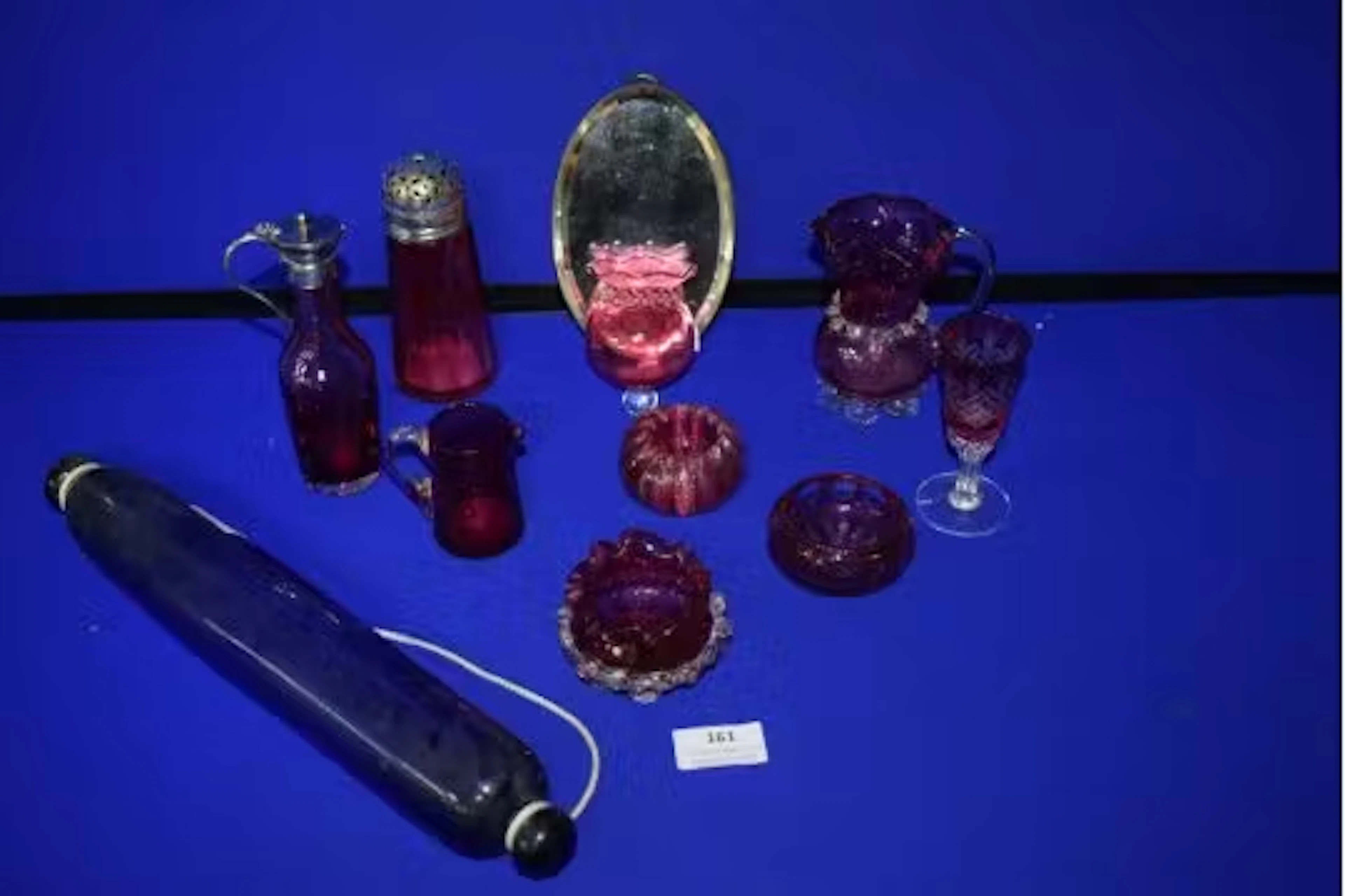Cranberry Glass Dishes, Castor, etc. plus Blue Glass Rolling Pin