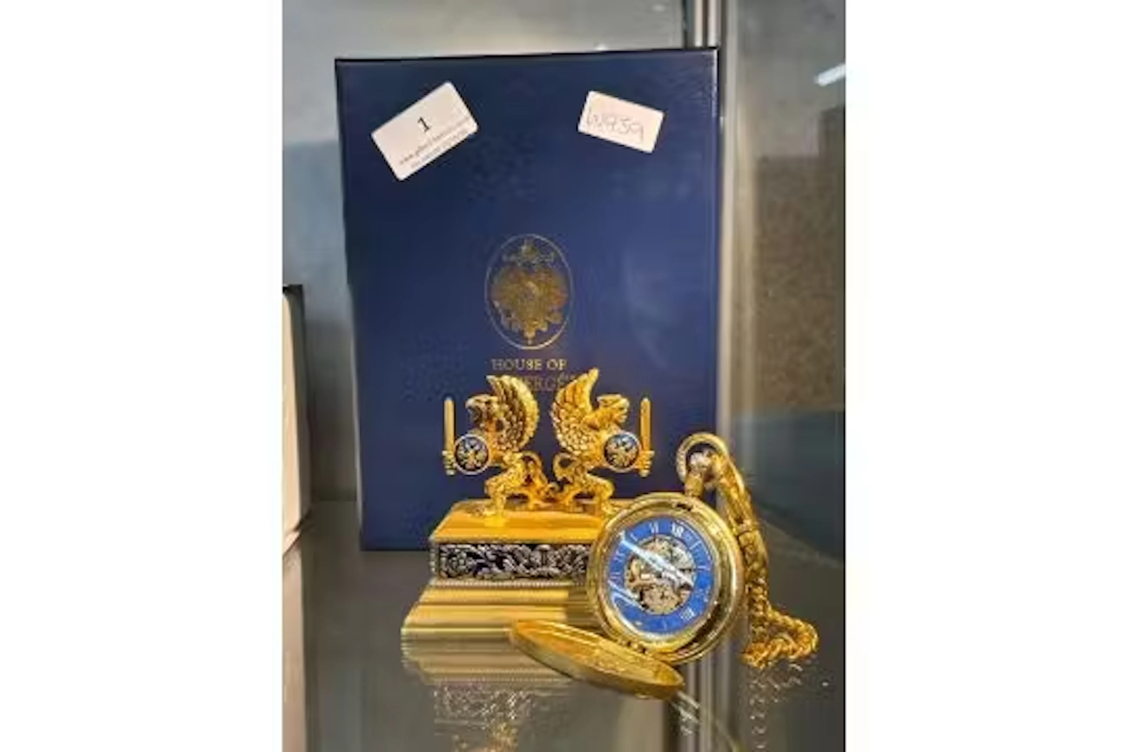 House of Faberge Gold-Plated Pocket Watch, Blue Dial, Gryphon Motif