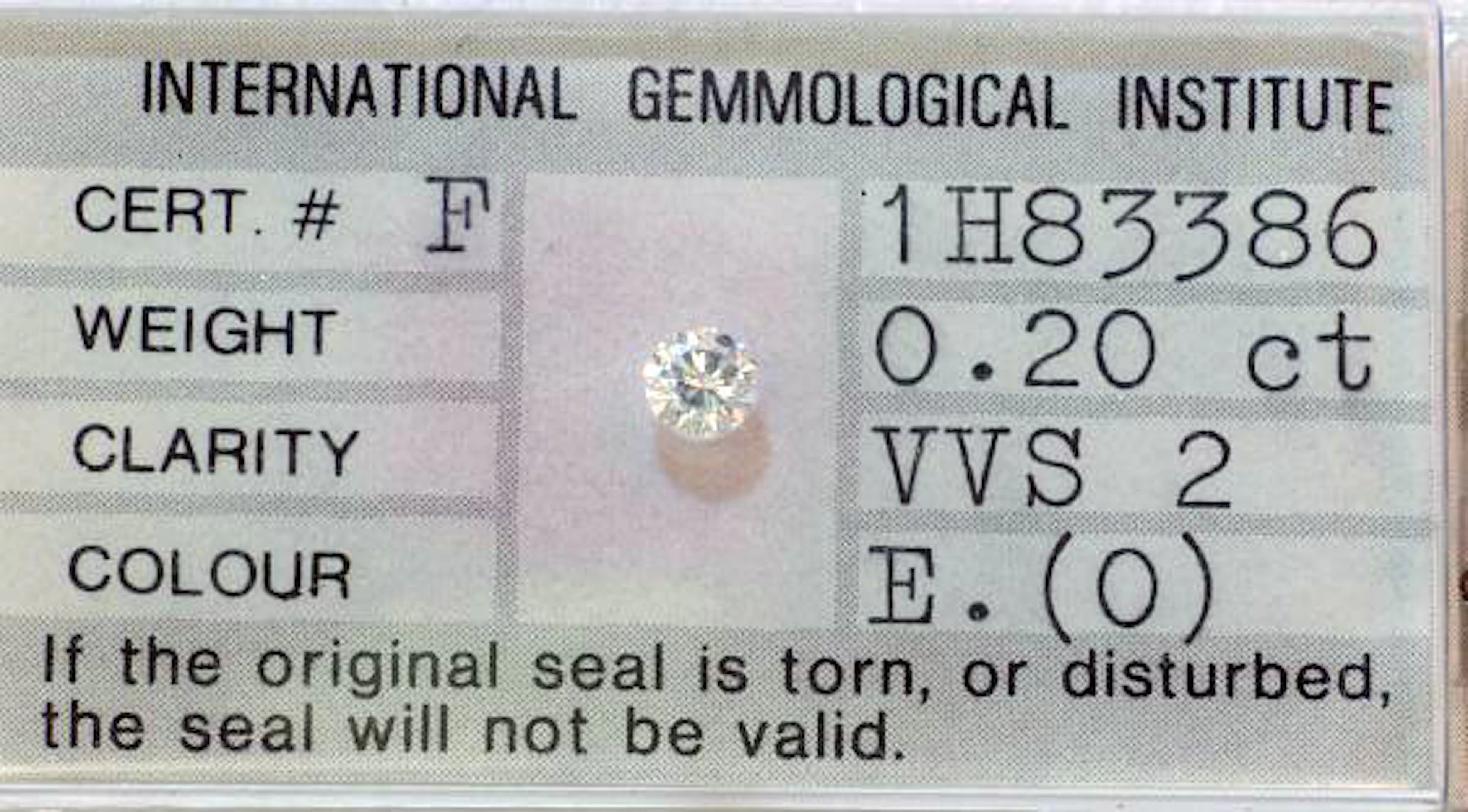 Diamant 0,20ct Rund VVS 2 E, IGI-Gutachten Certificat