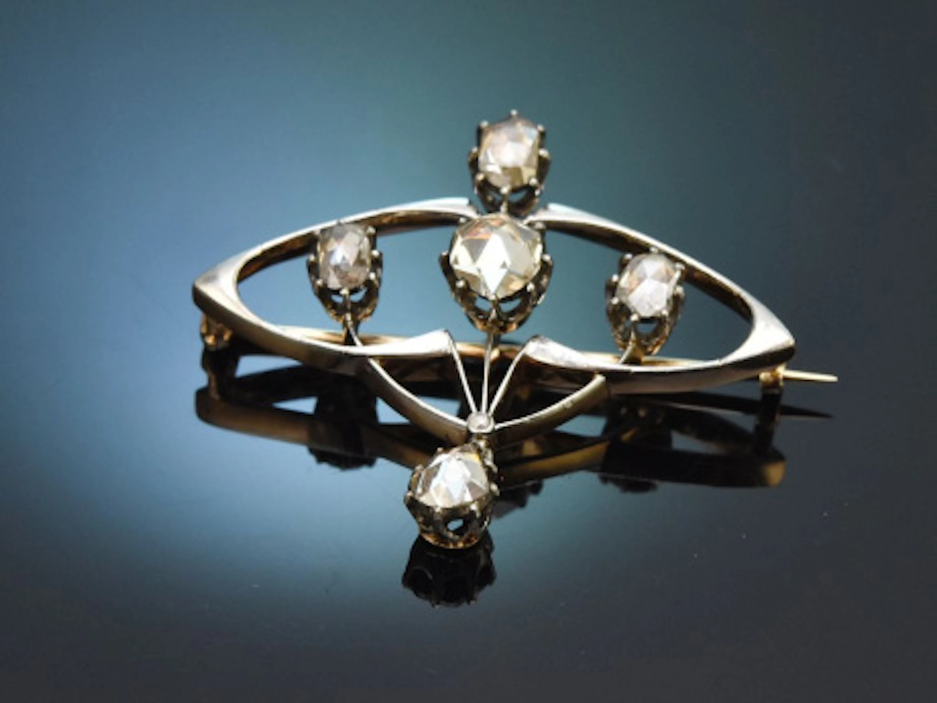 Ulm um 1890! Frühe Jugendstil Brosche mit Diamantrosen aus Gold 585