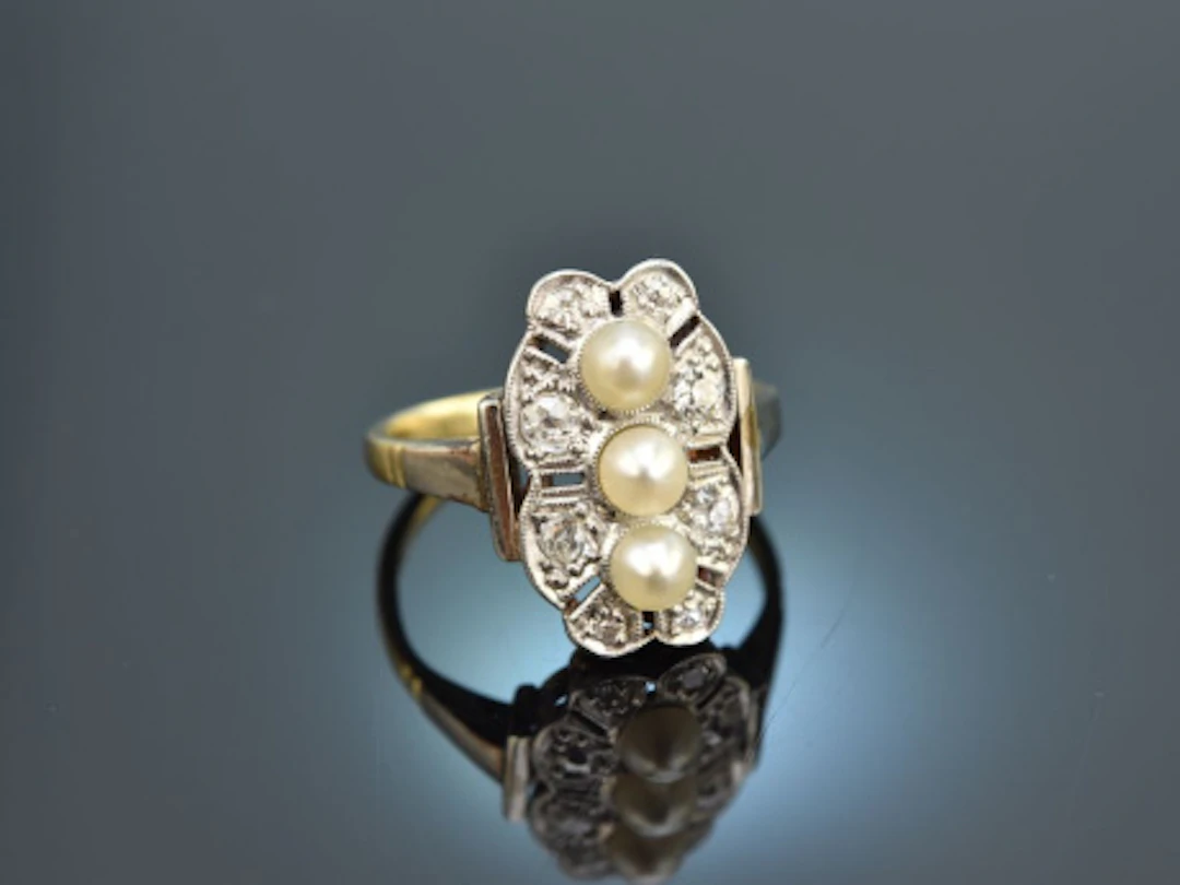 München um 1910! Historischer Diamant Ring mit Orientperlen aus Gold 585