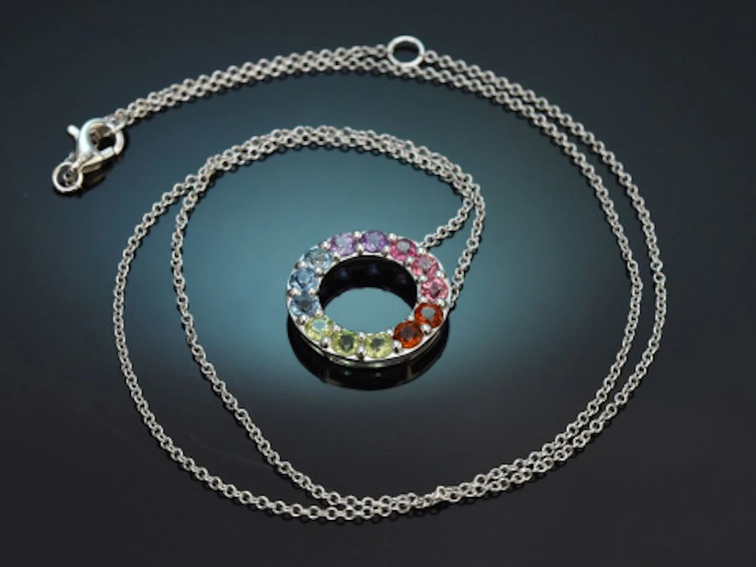 Rainbow Colours! Bunter Farbstein Anhänger mit Kette aus Weißgold 585