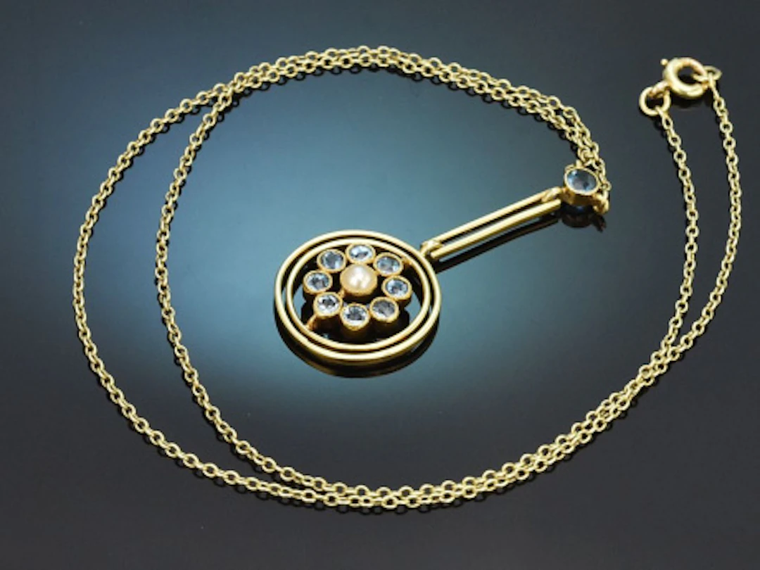 England um 1900! Feines Aquamarin Collier mit Saatperle aus Gold 15 Ct