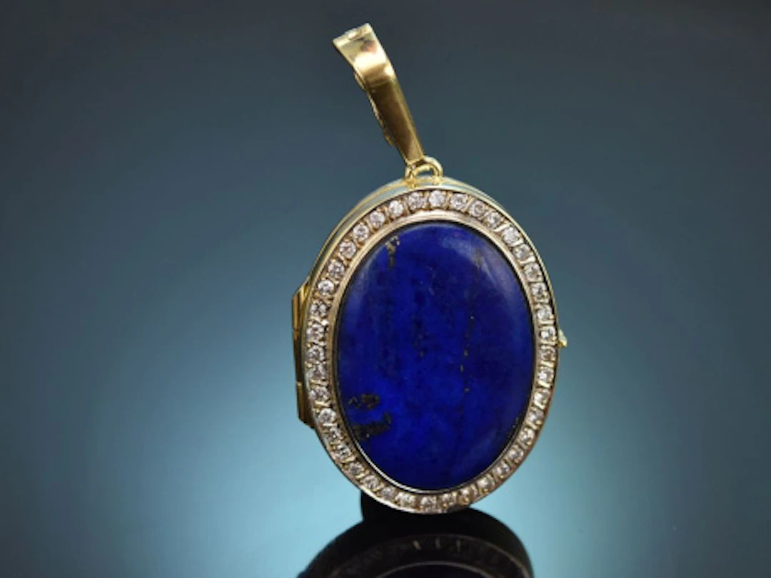 Hamburg um 1985! Feiner Medaillon Anhänger mit Diamanten und Lapislazuli