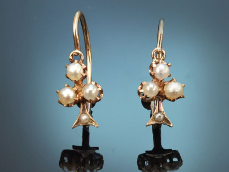 Um 1890! Zarte kleine Dormeuse Ohrringe mit Saatperlen aus Gold 585