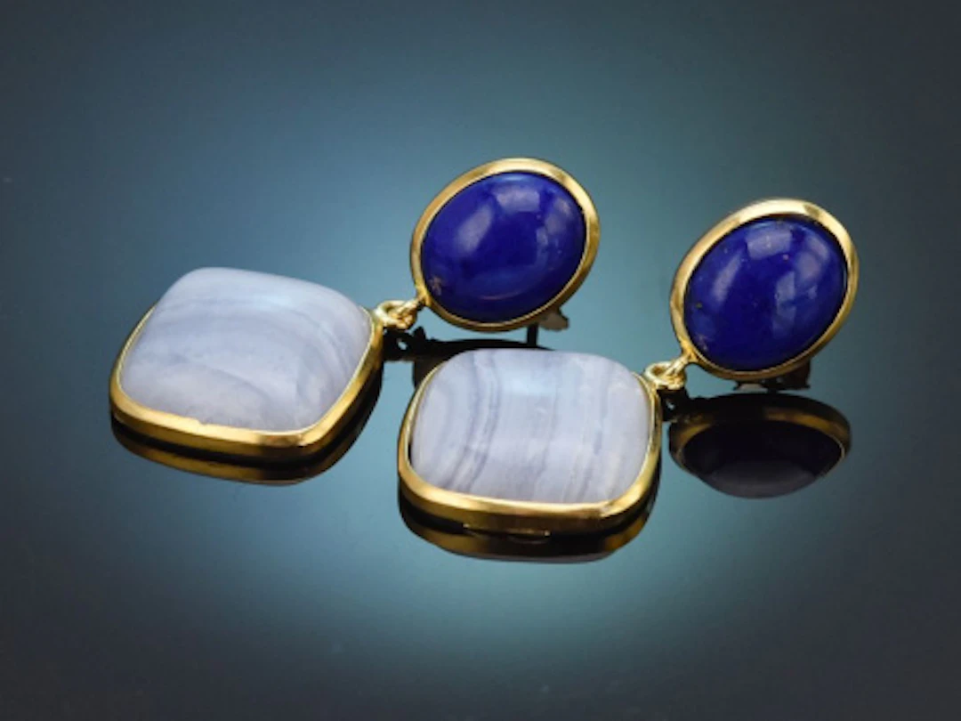 Italienische Ohrringe mit Lapislazuli und Chalzedon aus vergoldetem Silber 925