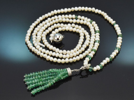 Green Tassel! Lange Perlenkette mit abnehmbarer Smaragd Diamant Quaste