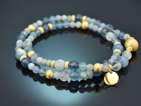 Soft Blue! Zweireihiges Fancy Armband mit Aquamarin Saphir Angelit