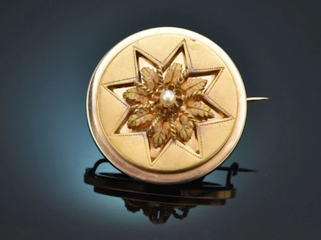 Süddeutsch um 1860! Schöne Biedermeier Brosche mit Saatperle aus Gold 585