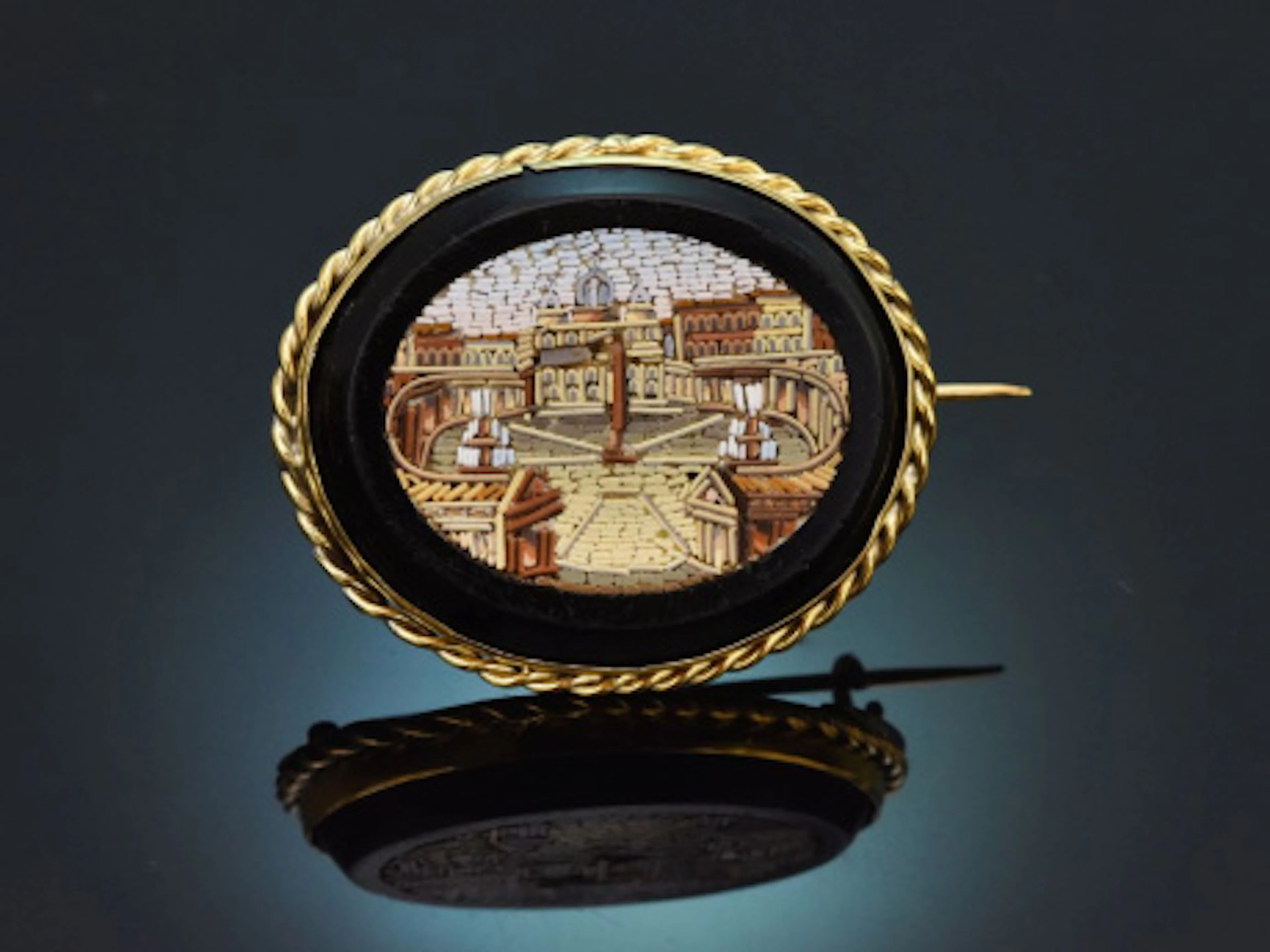 Rom um 1880! Schöne Mikromosaik Brosche mit St. Peter aus vergoldetem Silber