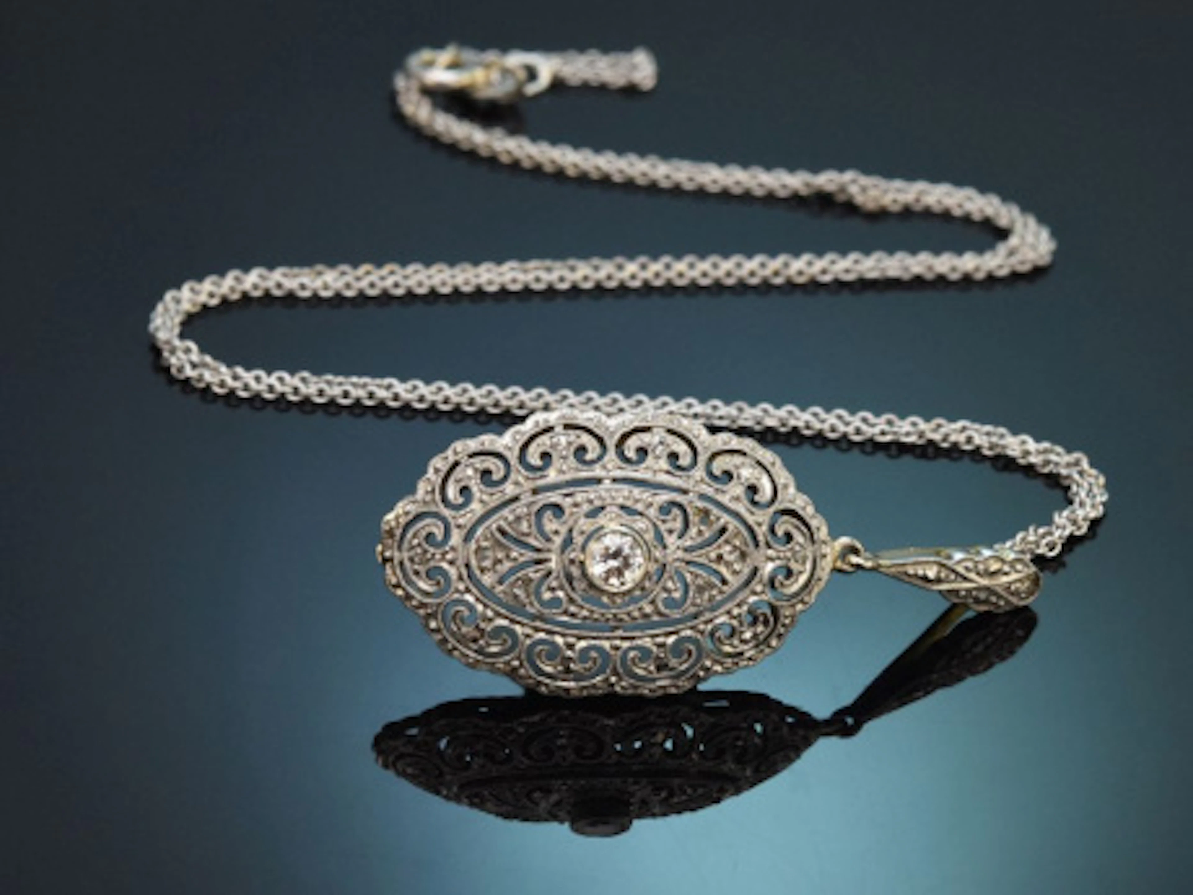 Hamburg um 1920! Edler Art Déco Diamant Anhänger mit Kette Gold 585