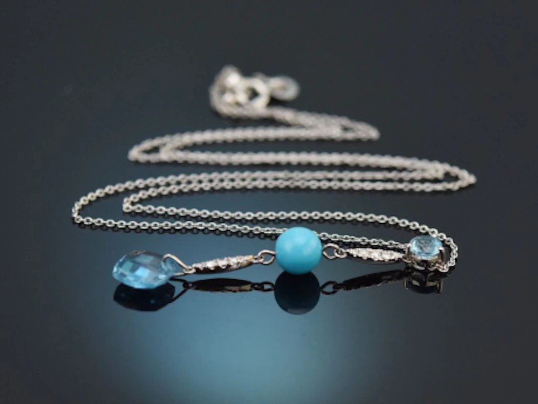 Collier mit Blautopasen Türkis und Diamanten aus Weißgold 750