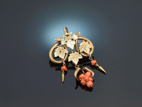 Um 1860! Hübsche Biedermeier Brosche mit Korallen Gold 333