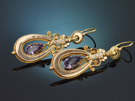 München um 1890! Seltene Ohrringe mit Amethysten und Saatperlen aus Gold 585