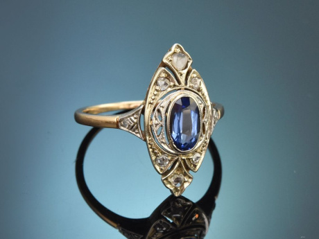 Süddeutsch um 1910! Feiner Ring mit Ceylon Saphir und Diamanten aus