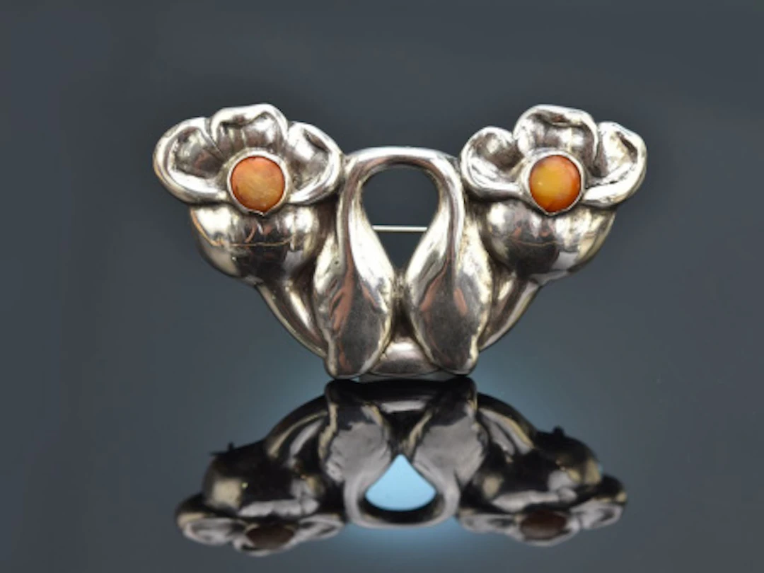 Dänemark um 1910! Frühe Evald Nielsen Jugendstil Brosche mit Bernstein Silber