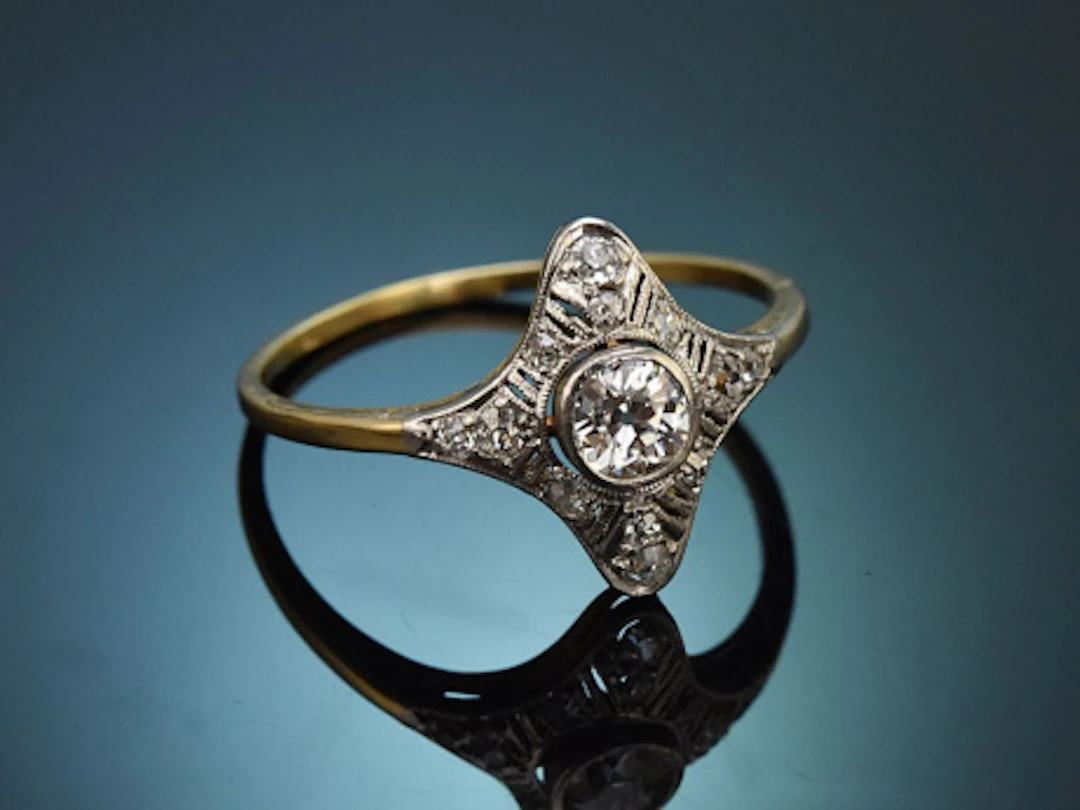 Um 1915! Feiner Art Deco Altschliffdiamant Ring aus Gold 585 und Platin