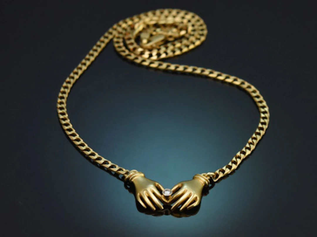 Um 1980! Seltene Statement Kette mit zwei Händen und Brillant aus Gold 750