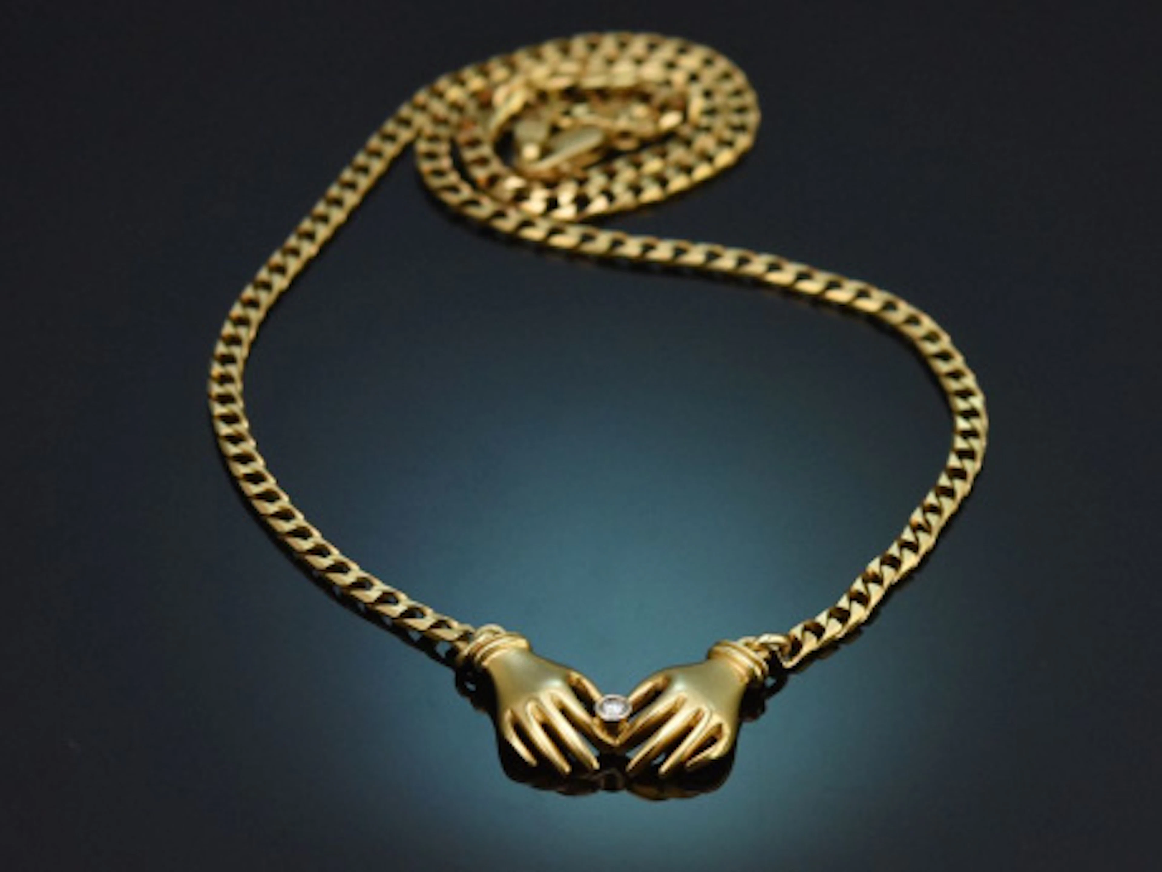 Um 1980! Seltene Statement Kette mit zwei Händen und Brillant aus Gold 750