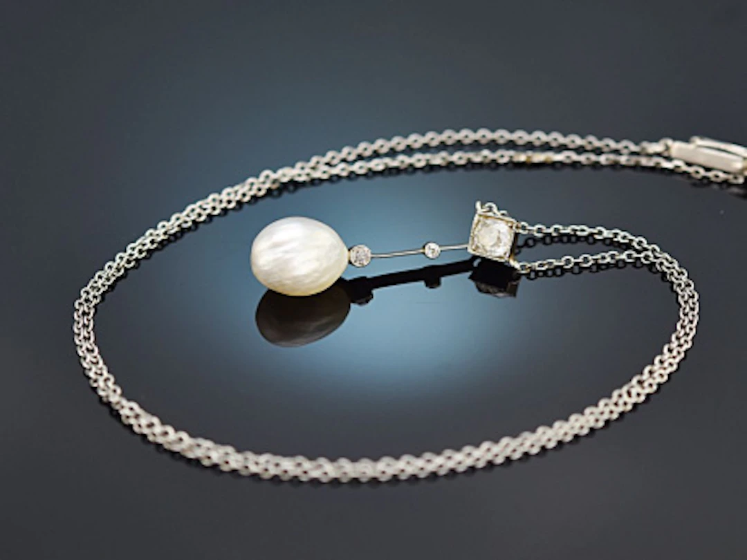 Um 1910! Collier mit Orient Perle und Altschliffdiamant Platin Gold 585