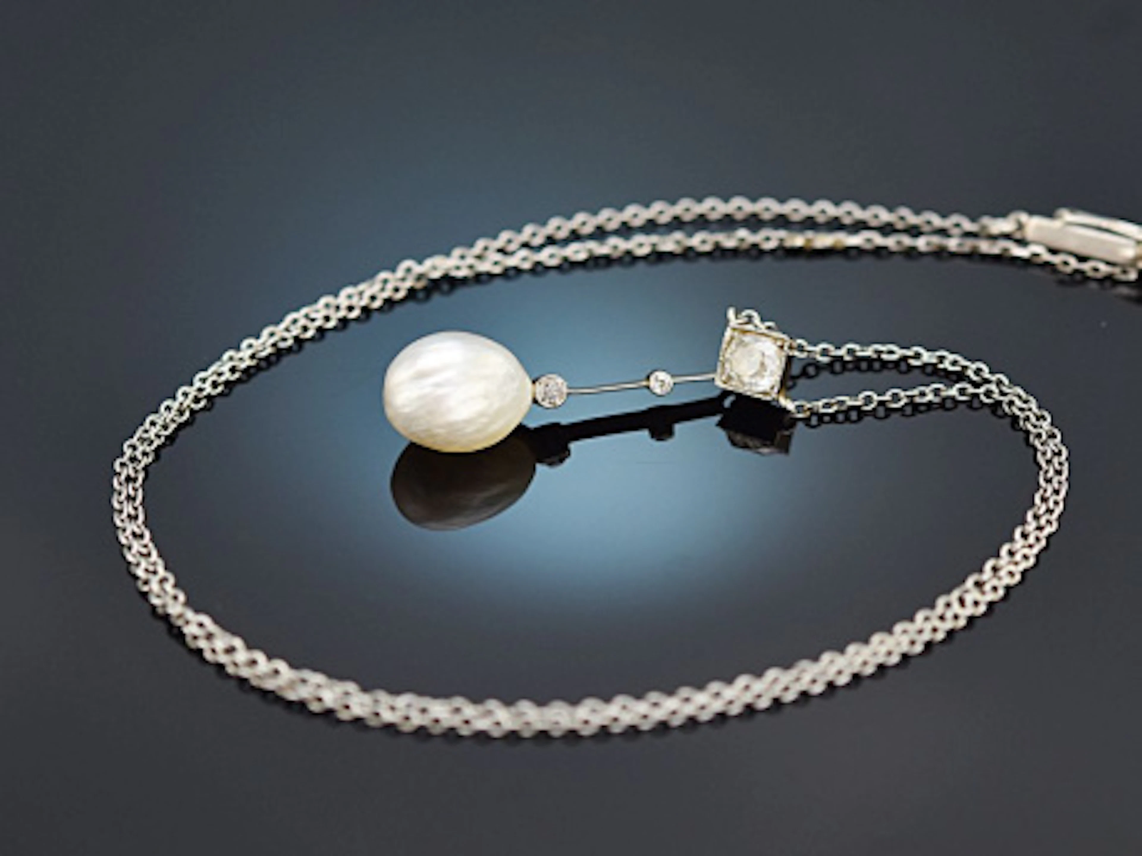 Um 1910! Collier mit Orient Perle und Altschliffdiamant Platin Gold 585