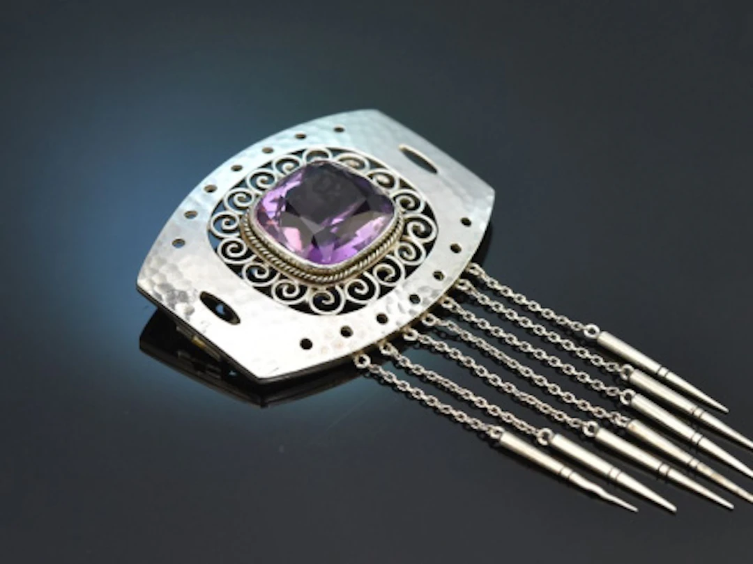 München um 1900! Seltene Jugendstil Brosche mit Amethyst aus Silber 800