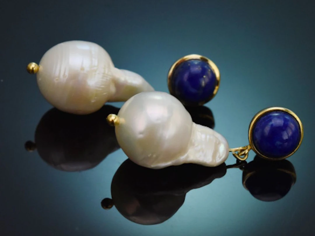Elegante Ohrringe mit Barock Perlen und Lapislazuli Silber 925 vergoldet