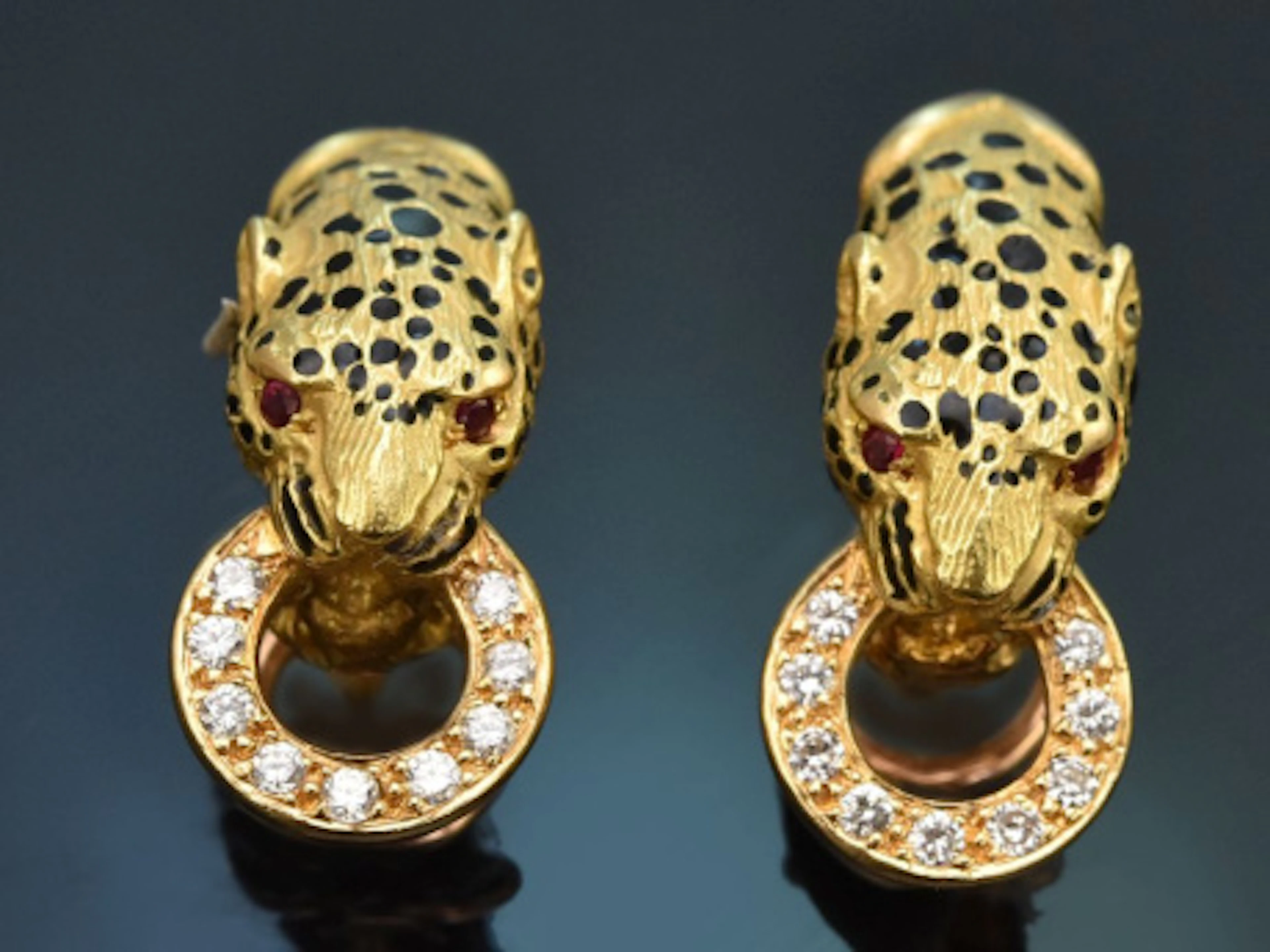 Frankreich um 1965! Seltene Leoparden Ohrringe Emaille Diamanten und