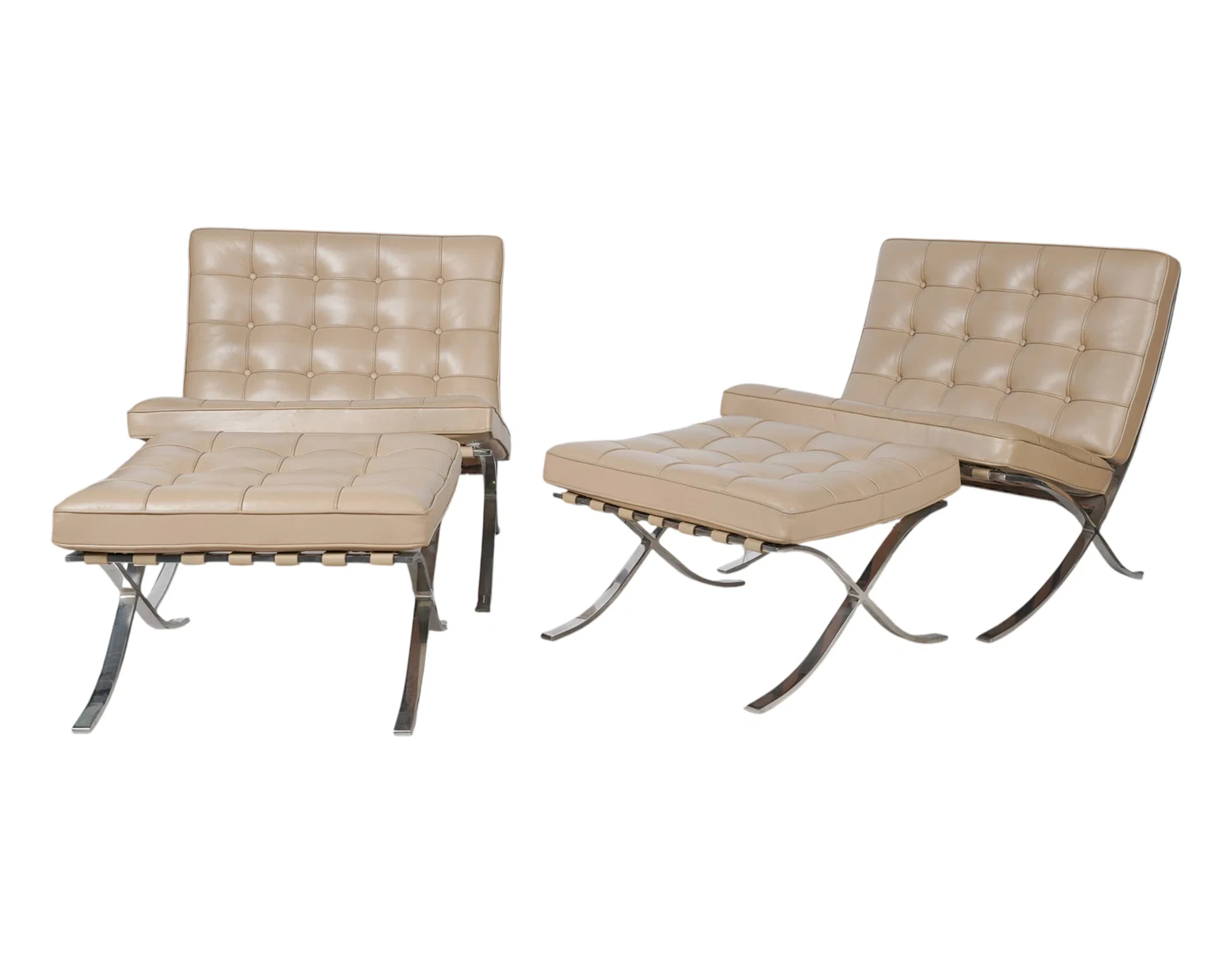 Mies Van Der Rohe for Knoll, A Pair of Barcelona Lounge Chairs with Ottomans